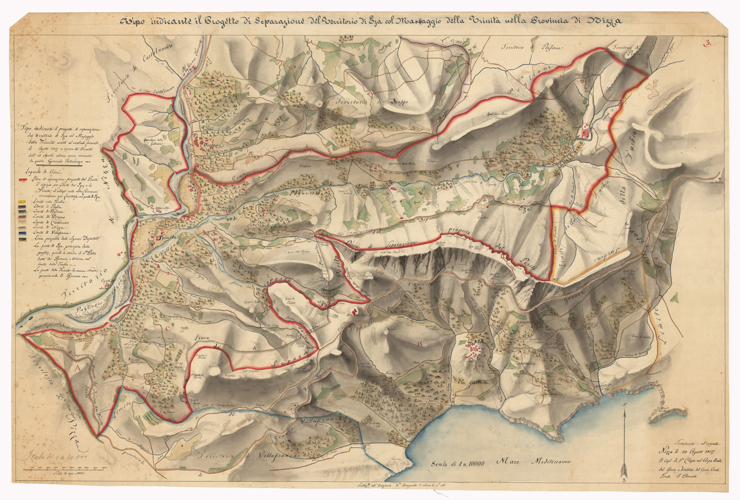 (N:14228) TIPO INDICANTE IL PROGETTO DI SEPARAZIONE DELLA TERRITORIO DI EZA COL MASAGGIO DELLA TRINITA' NELLA PROVINCIALE DI NIZZA (CA000335) Carte e stampe antiche: riproduzione a colori su carta (formato A1)