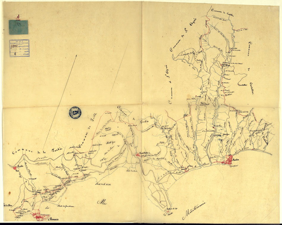 (N:12699) LUCIDO DELLA RIDUZIONE ALL'1/20000 DELLA CARTA DELLA PROVINCIA DI PONENTE CON L'AGGIUNTA DELLA GRAN STRADA DA TURBIA A MONACO. (CA000343) Carte e stampe antiche: riproduzione a colori su carta (formato A1)