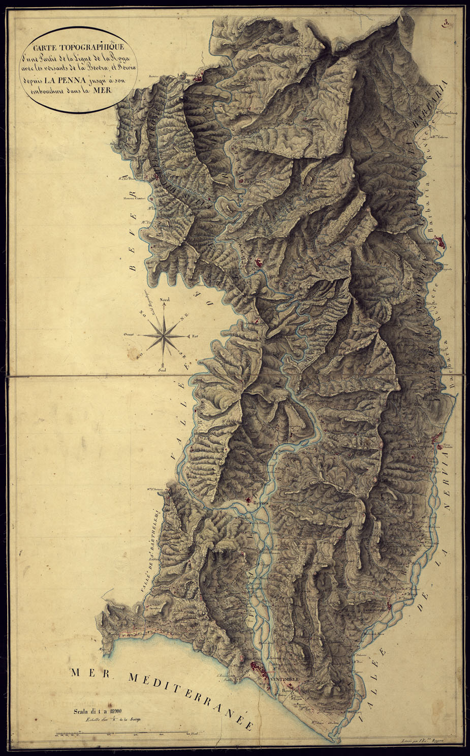 (N:6169) CARTE TOPOGRAPHIQUE D'UNE PARTIE DE LA LIGNE DE LA ROYA AVEC LES VERSANTS DE LA BEVERA, ET NERVIA DEPUIS LA PENNA JUSQ'A SON EMBOUCHURE DANS LA MER. (CA000396) Carte e stampe antiche: riproduzione a colori su carta (formato A1)