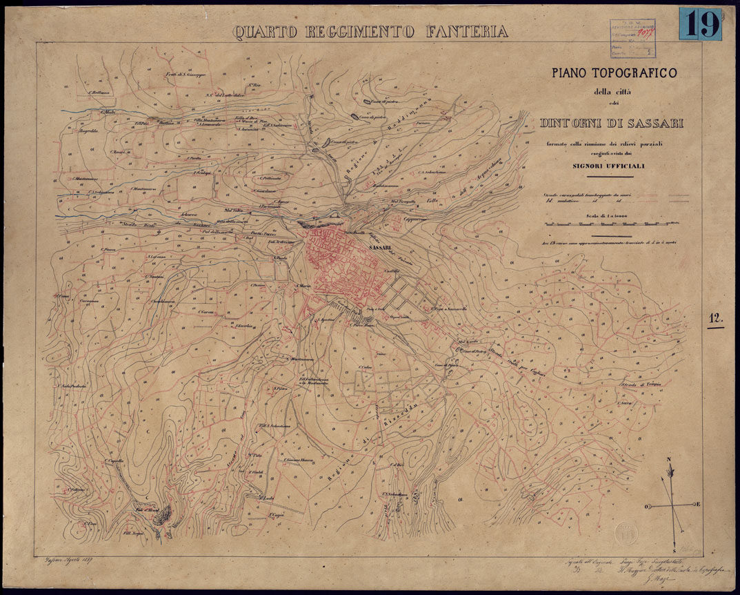 (N:5784) PIANO TOPOGRAFICO DELLA CITTA' E DEI DINTORNI DI SASSARI FORMATO RIUNIONE DEI RILIEVI PARZIALI ESEGUITI DAI SIGNORI UFFICIALI - QUARTO REGGIMENTO FANTERIA (CA000531) Carte e stampe antiche: riproduzione a colori su carta (formato A1)