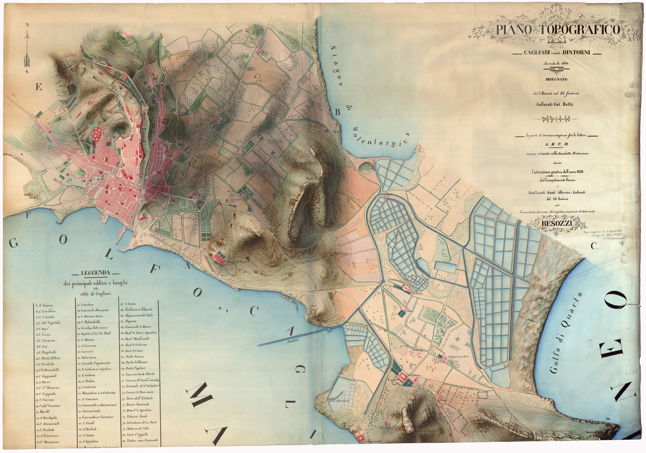 (N:5326) PIANO TOPOGRAFICO DELLA CITTA' CAGLIARI E SUOI DINTORNI ALLA SCALA 1/5000 DISEGNATO DAL S. TENENTE NEL 13. FANTERIA GALLARATI GIO' BATTA. (CA000534, CA000535) Carte e stampe antiche: riproduzione a colori su carta (formato A1)