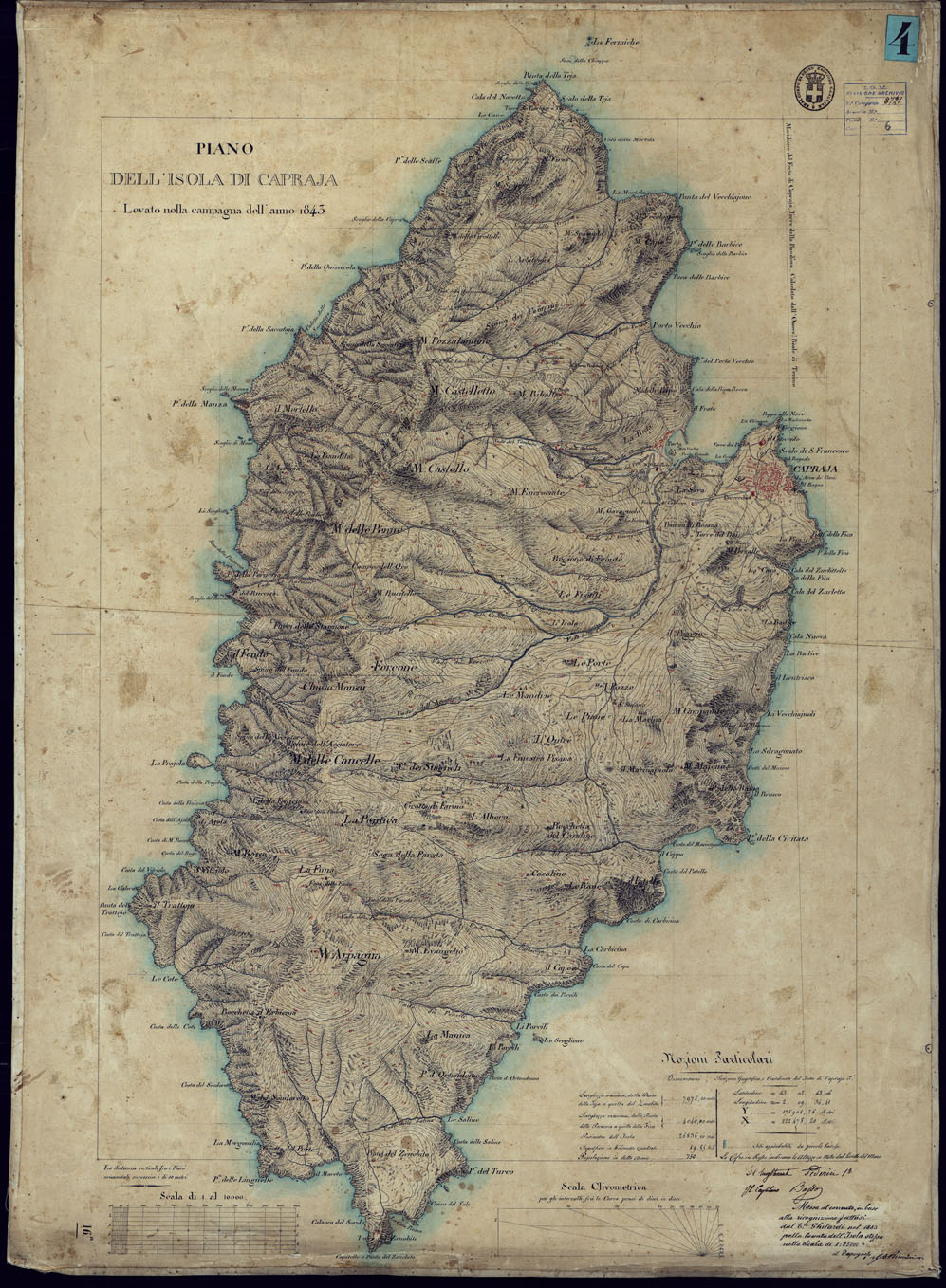 (N:13276) PIANO DELL'ISOLA DI CAPRAIA LEVATO NELLA CAMPAGNA DELL'ANNO 1843 (CA000700) Carte e stampe antiche: riproduzione a colori su carta (formato A1)