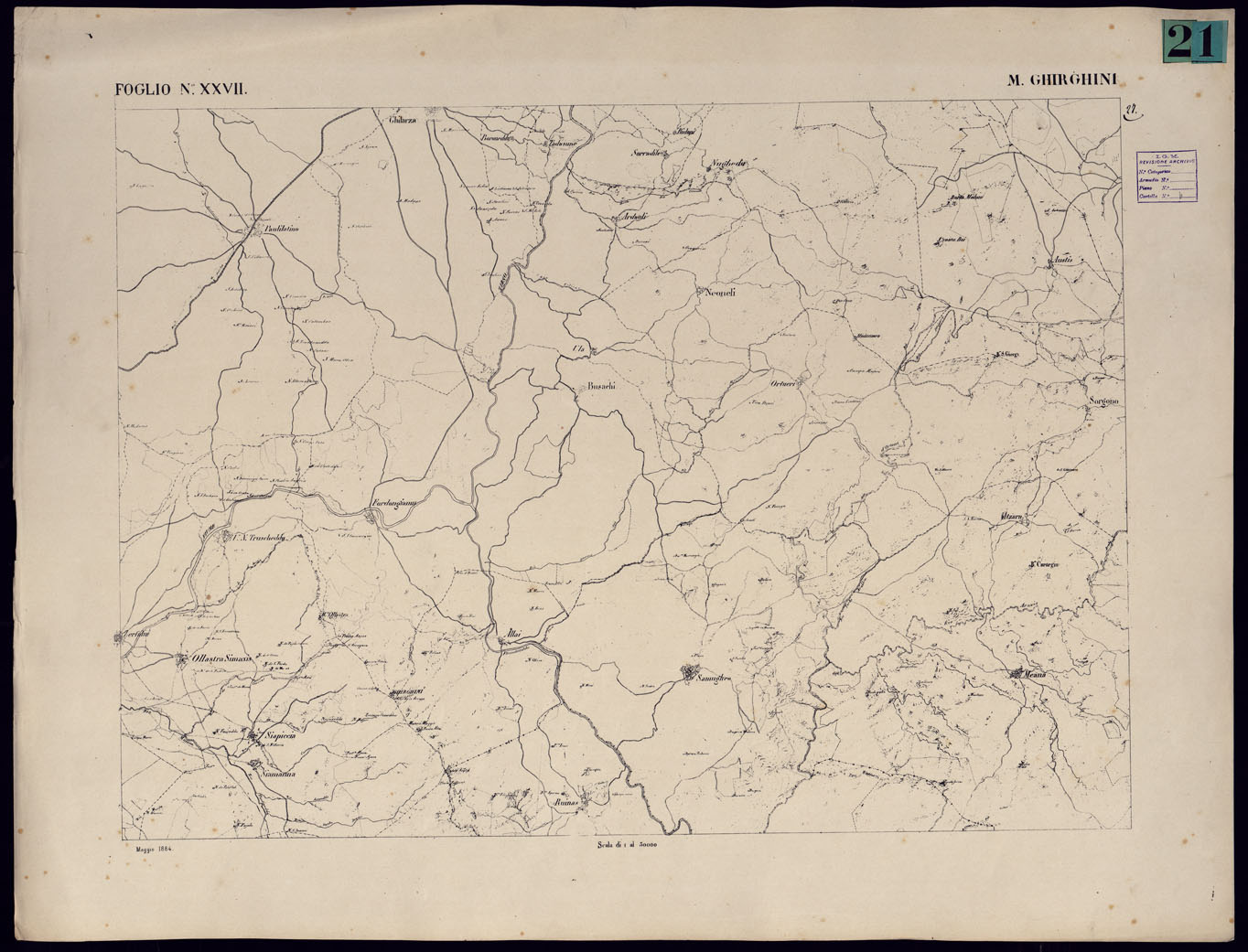 (N:23088) ATLANTE DELL'ISOLA DI SARDEGNA - FOGLIO XXVII MONTE GHIRGHINI. (CA000726) Carte e stampe antiche: riproduzione a colori su carta (formato A1)