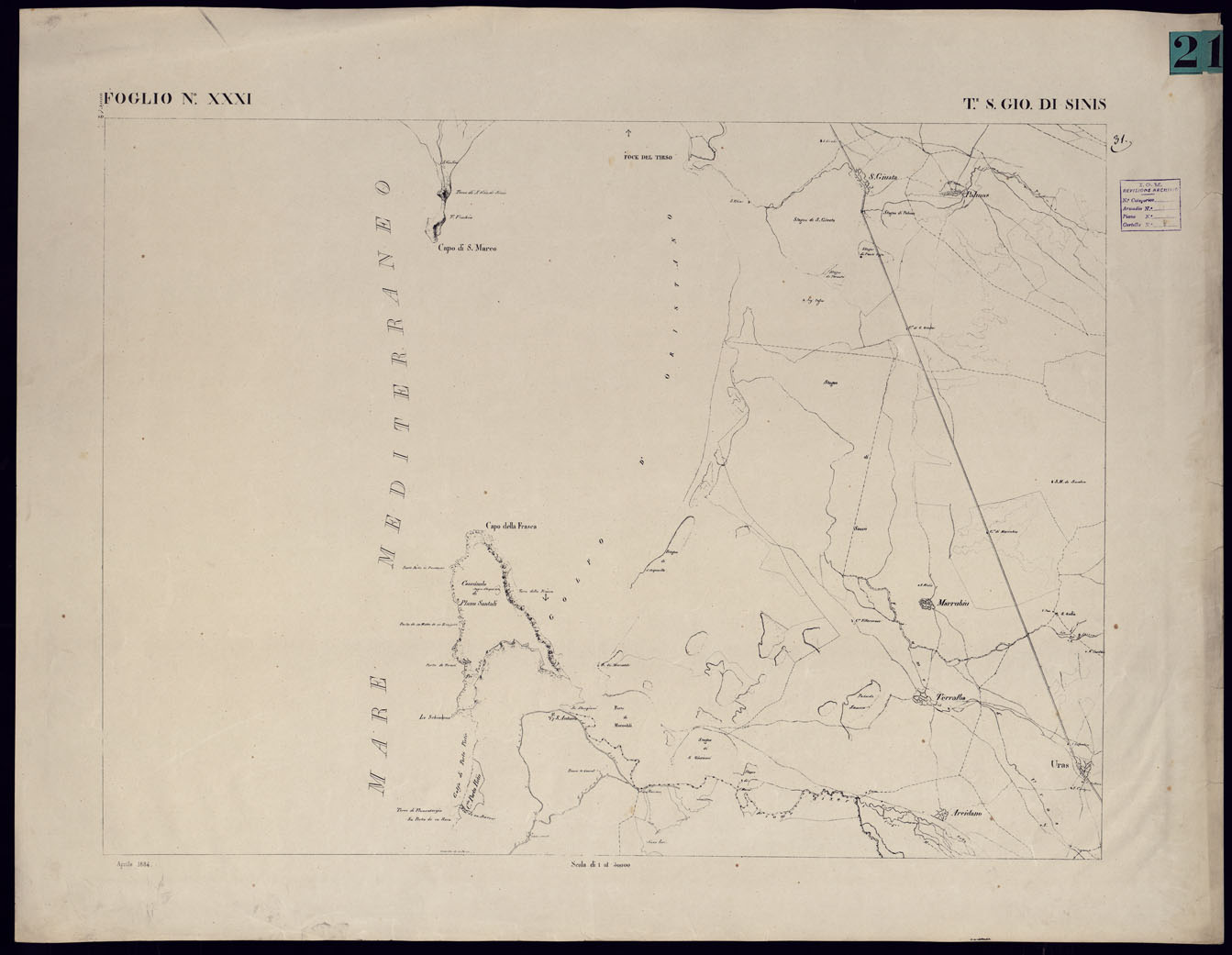 (N:23091) ATLANTE DELL'ISOLA DI SARDEGNA - FOGLIO XXXI TORRE DI SAN GIOVANNI IN SINIS. (CA000729) Carte e stampe antiche: riproduzione a colori su carta (formato A1)