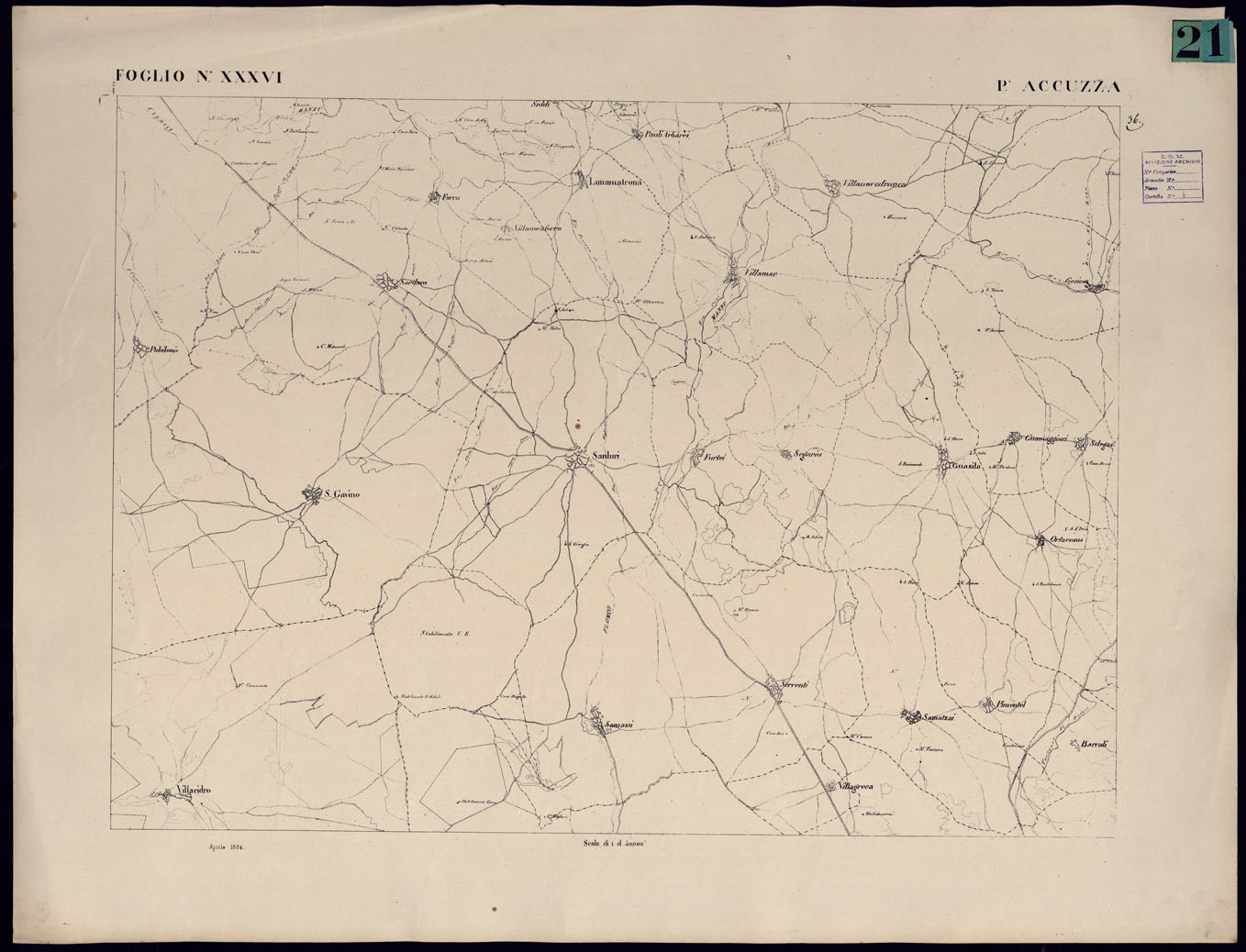 (N:23096) ATLANTE DELL'ISOLA DI SARDEGNA - FOGLIO XXXVI PORTA ACCUZZA. (CA000734) Carte e stampe antiche: riproduzione a colori su carta (formato A1)