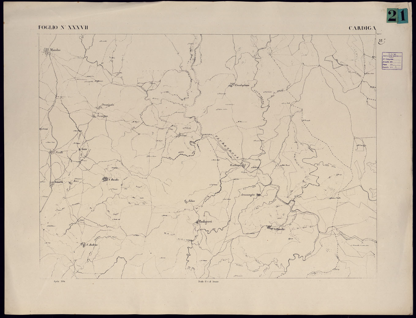 (N:23097) ATLANTE DELL'ISOLA DI SARDEGNA - FOGLIO XXXVII CARDIGA. (CA000735) Carte e stampe antiche: riproduzione a colori su carta (formato A1)