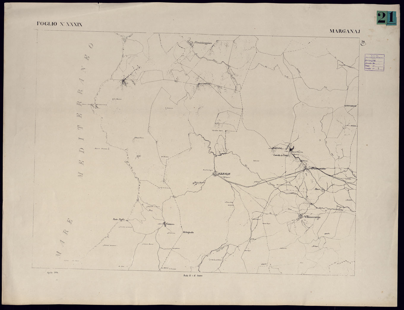 (N:23099) ATLANTE DELL'ISOLA DI SARDEGNA - FOGLIO XXXIX MARGANAJ. (CA000737) Carte e stampe antiche: riproduzione a colori su carta (formato A1)