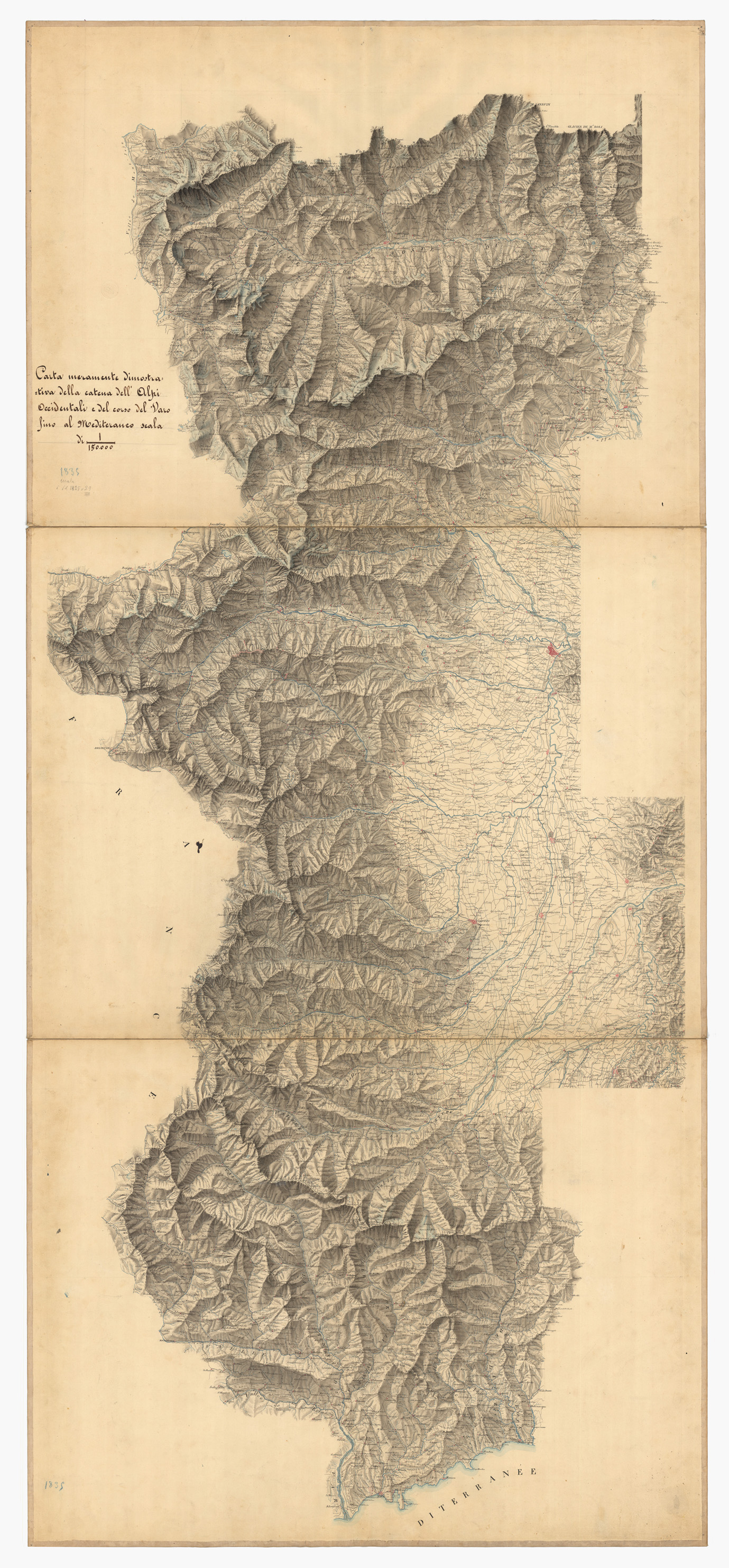 (N:6100) CARTA MERAMENTE DIMOSTRATIVA DELLA CATENA PRINCIPALE DELLE ALPI OCCIDENTALI E DEL CORSO DEL VARO SINO AL MEDITERRANEO (CA000750) Carte e stampe antiche: riproduzione a colori su carta (formato A1)