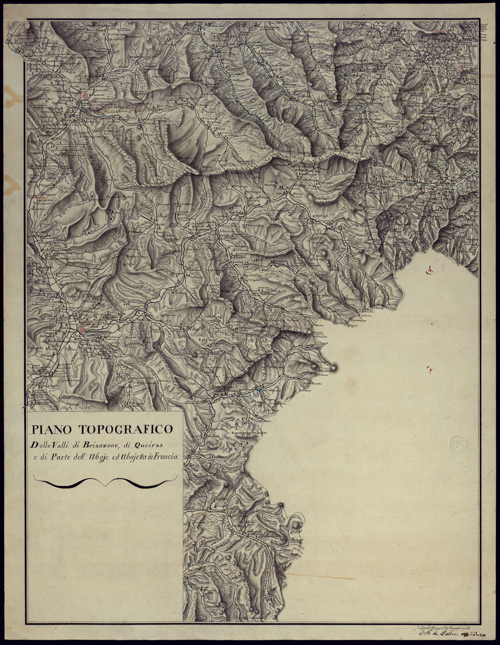 (N:23127) PIANO TOPOGRAFICO DELLE VALLI DI BRIANZONE DI QUEIRAS E DI PARTE DELL'UBAJE ED UBAJETTA IN FRANCIA - FOGLIO 4 (DUPLICATO ACQUERELLATO). (CA000770) Carte e stampe antiche: riproduzione a colori su carta (formato A1)