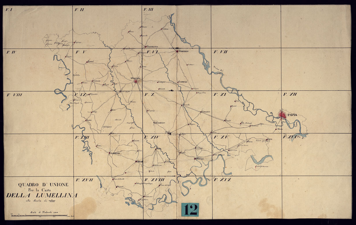 (N:10893) CARTA DELLA LUMELLINA RIDOTTA NELL'UFFICIO TOPOGRAFICO NE' MESI DI MAGGIO E GIUGNO 1816 - QUADRO D'UNIONE. (CA000954) Carte e stampe antiche: riproduzione a colori su carta (formato A1)