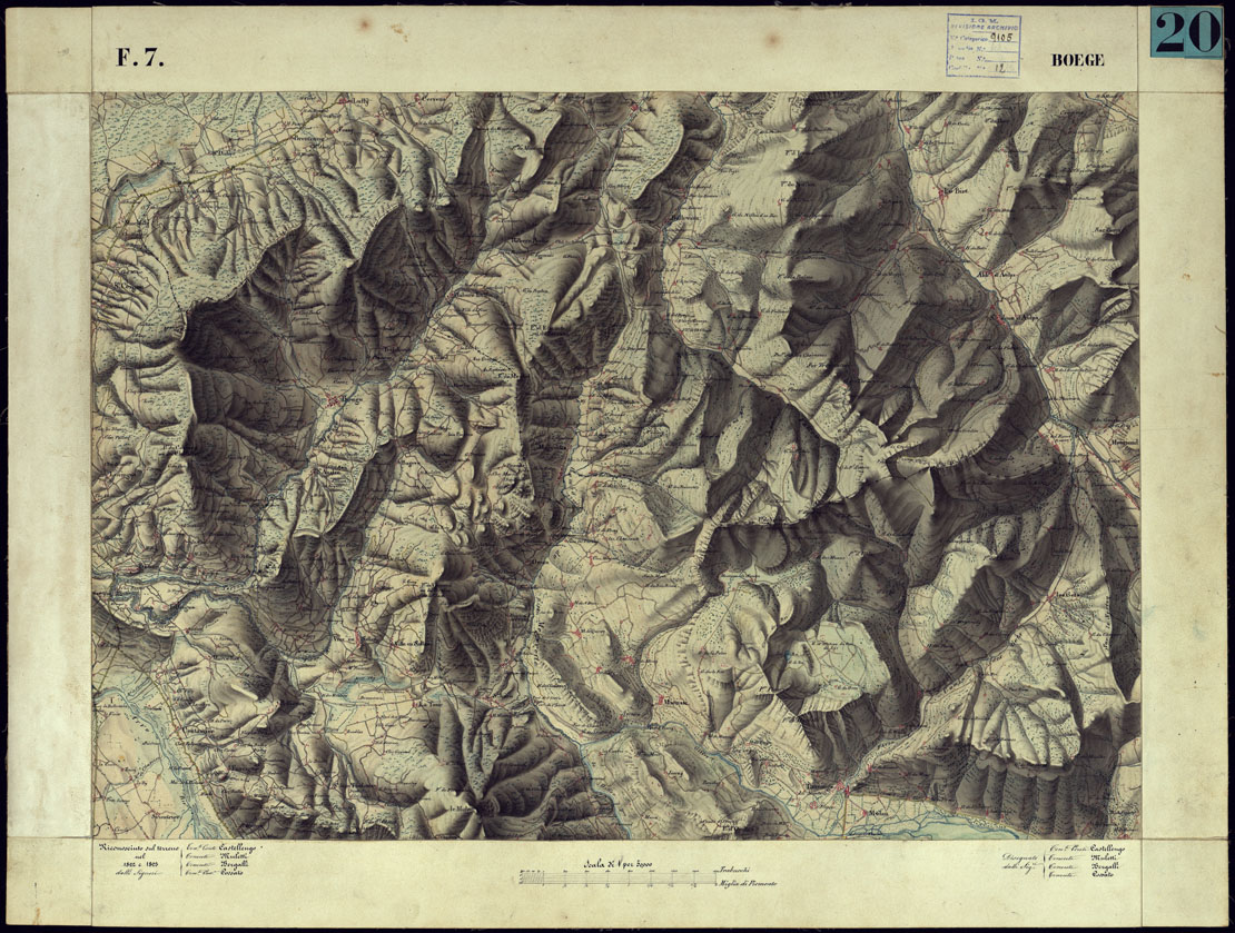 (N:12908) CARTA TOPOGRAFICA DEGLI STATI DI TERRA FERMA DI S.S.R.M. CARLO ALBERTO RE DI SARDEGNA FATTA DAL CORPO DELLO STATO MAGGIORE COMANDATO DAL TEN.TE GEN.LE B.NE DI MONTHOUX ALLA SCALA DI 1 50.000 1831 - FOGLIO F.7 BOEGE. (CA001013) Carte e stampe antiche: riproduzione a colori su carta (formato A1)