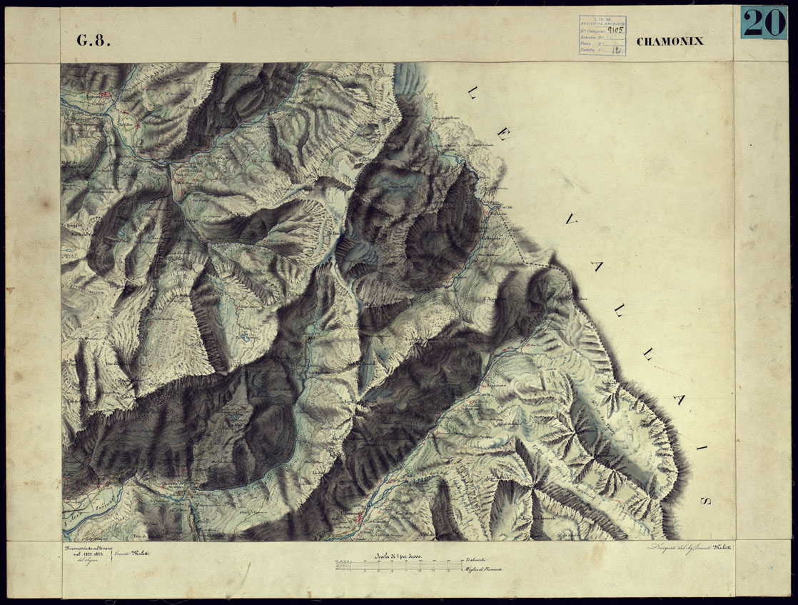 (N:12875) CARTA TOPOGRAFICA DEGLI STATI DI TERRA FERMA DI S.S.R.M. CARLO ALBERTO RE DI SARDEGNA FATTA DAL CORPO DELLO STATO MAGGIORE COMANDATO DAL TEN.TE GEN.LE B.NE DI MONTHOUX ALLA SCALA DI 1 50.000 1831 - FOGLIO G.8 CHAMONIX. (CA001021) Carte e stampe antiche: riproduzione a colori su carta (formato A1)