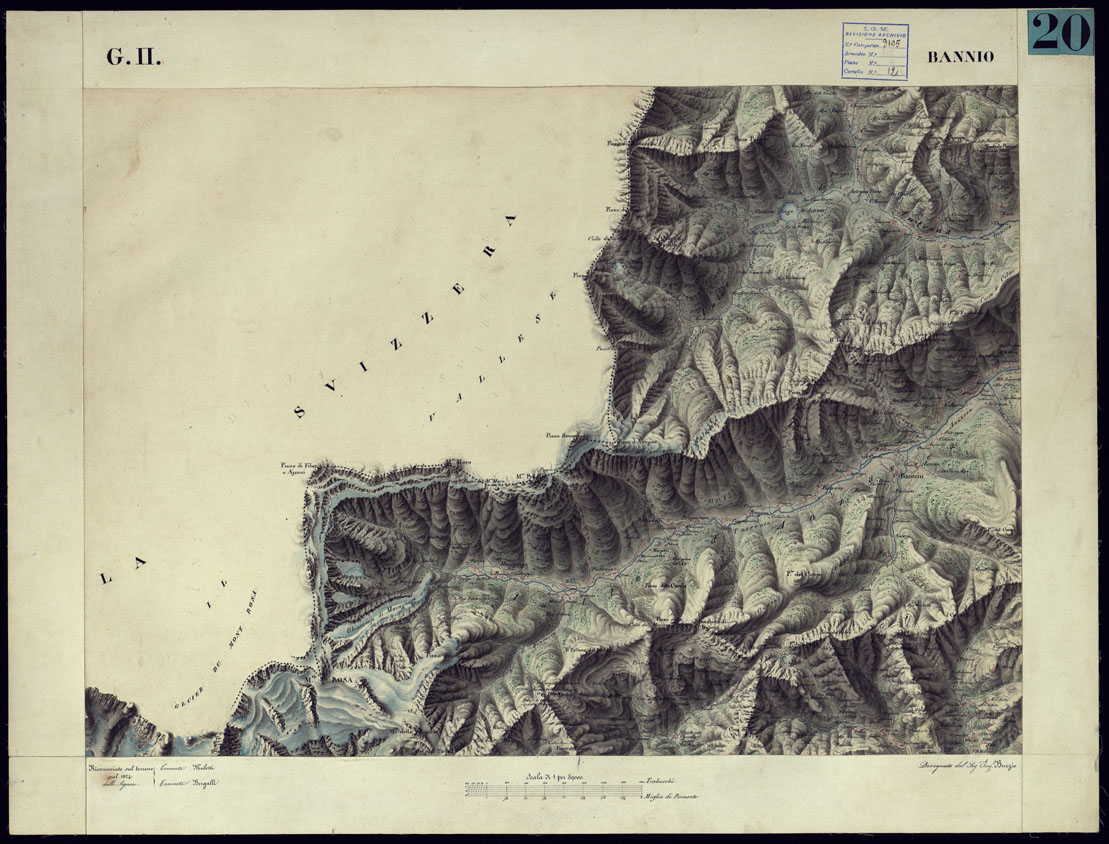 (N:12872) CARTA TOPOGRAFICA DEGLI STATI DI TERRA FERMA DI S.S.R.M. CARLO ALBERTO RE DI SARDEGNA FATTA DAL CORPO DELLO STATO MAGGIORE COMANDATO DAL TEN.TE GEN.LE B.NE DI MONTHOUX ALLA SCALA DI 1 50.000 1831 - FOGLIO G.11 BANNIO. (CA001023) Carte e stampe antiche: riproduzione a colori su carta (formato A1)