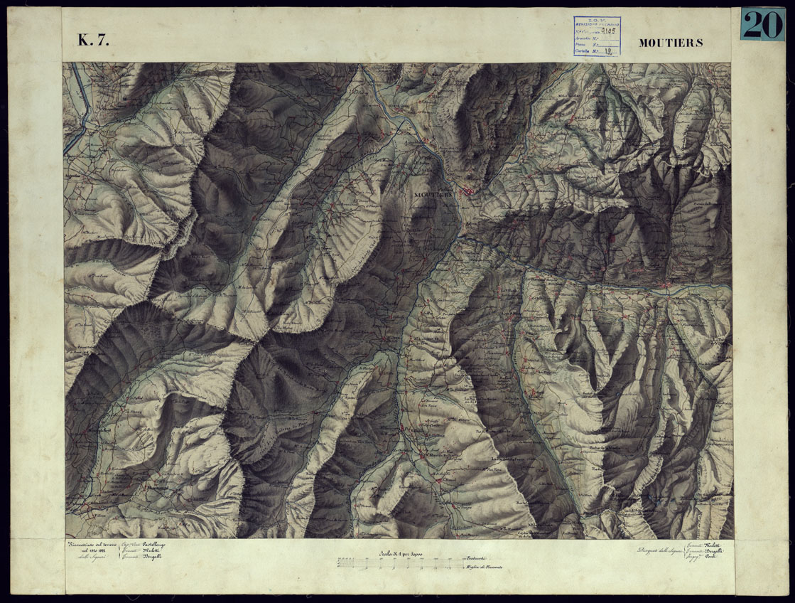 (N:12614) CARTA TOPOGRAFICA DEGLI STATI DI TERRA FERMA DI S.S.R.M. CARLO ALBERTO RE DI SARDEGNA FATTA DAL CORPO DELLO STATO MAGGIORE COMANDATO DAL TEN.TE GEN.LE B.NE DI MONTHOUX ALLA SCALA DI 1 50.000 1831 - FOGLIO K.7 MOUTIERS. (CA001046) Carte e stampe antiche: riproduzione a colori su carta (formato A1)