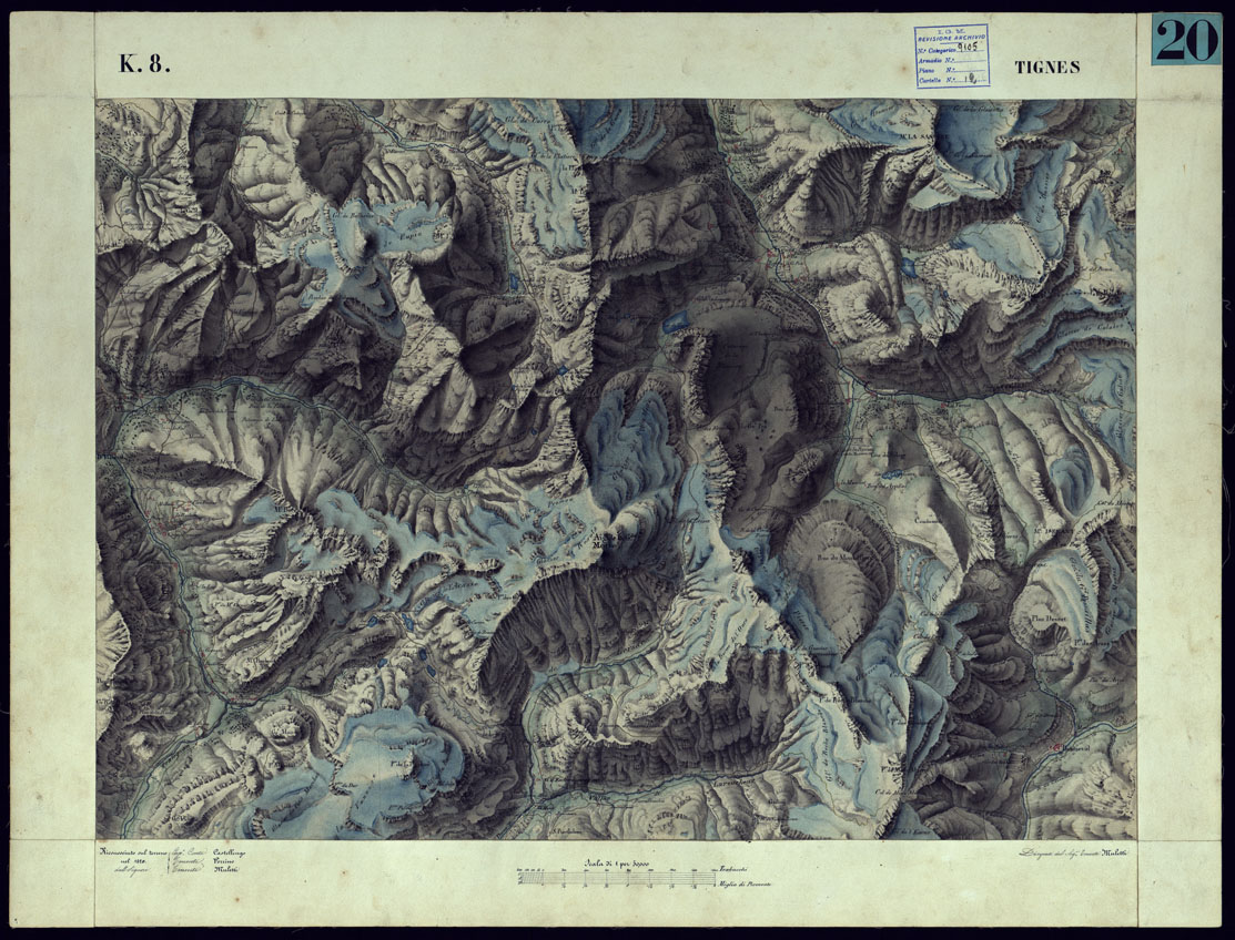 (N:12139) CARTA TOPOGRAFICA DEGLI STATI DI TERRA FERMA DI S.S.R.M. CARLO ALBERTO RE DI SARDEGNA FATTA DAL CORPO DELLO STATO MAGGIORE COMANDATO DAL TEN.TE GEN.LE B.NE DI MONTHOUX ALLA SCALA DI 1 50.000 1831 - FOGLIO K.8 TIGNES. (CA001047) Carte e stampe antiche: riproduzione a colori su carta (formato A1)