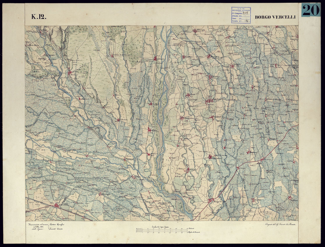 (N:12120) CARTA TOPOGRAFICA DEGLI STATI DI TERRA FERMA DI S.S.R.M. CARLO ALBERTO RE DI SARDEGNA FATTA DAL CORPO DELLO STATO MAGGIORE COMANDATO DAL TEN.TE GEN.LE B.NE DI MONTHOUX ALLA SCALA DI 1 50.000 1831 - FOGLIO K.12 BORGO VERCELLI. (CA001051) Carte e stampe antiche: riproduzione a colori su carta (formato A1)