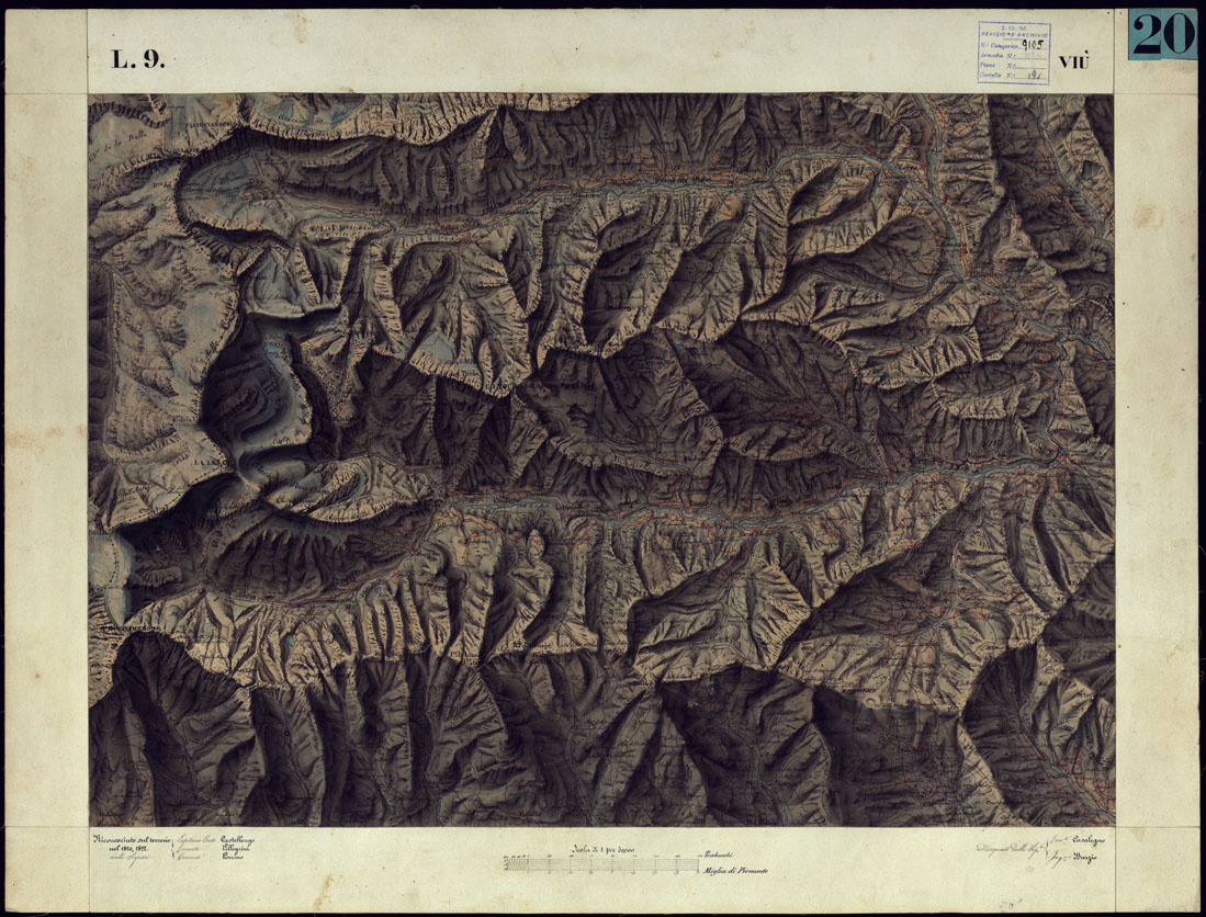 (N:12081) CARTA TOPOGRAFICA DEGLI STATI DI TERRA FERMA DI S.S.R.M. CARLO ALBERTO RE DI SARDEGNA FATTA DAL CORPO DELLO STATO MAGGIORE COMANDATO DAL TEN.TE GEN.LE B.NE DI MONTHOUX ALLA SCALA DI 1 50.000 1831 - FOGLIO L.9 VIU'. (CA001057) Carte e stampe antiche: riproduzione a colori su carta (formato A1)