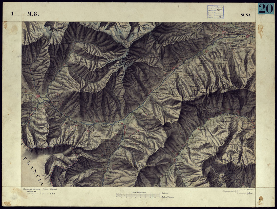 (N:11582) CARTA TOPOGRAFICA DEGLI STATI DI TERRA FERMA DI S.S.R.M. CARLO ALBERTO RE DI SARDEGNA FATTA DAL CORPO DELLO STATO MAGGIORE COMANDATO DAL TEN.TE GEN.LE B.NE DI MONTHOUX ALLA SCALA DI 1 50.000 1831 - FOGLIO M.8 SUSA. (CA001066) Carte e stampe antiche: riproduzione a colori su carta (formato A1)