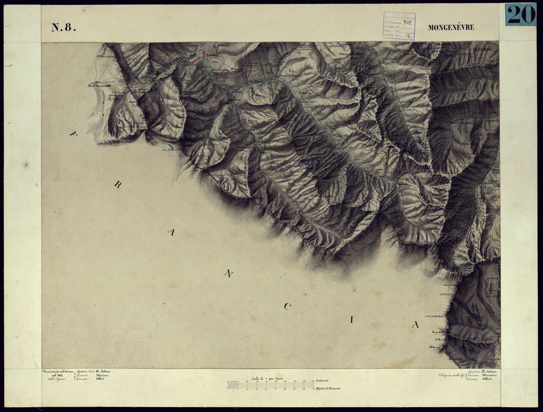 (N:11558) CARTA TOPOGRAFICA DEGLI STATI DI TERRA FERMA DI S.S.R.M. CARLO ALBERTO RE DI SARDEGNA FATTA DAL CORPO DELLO STATO MAGGIORE COMANDATO DAL TEN.TE GEN.LE B.NE DI MONTHOUX ALLA SCALA DI 1 50.000 1831 - FOGLIO N.8  MONGENEVRE. (CA001074) Carte e stampe antiche: riproduzione a colori su carta (formato A1)