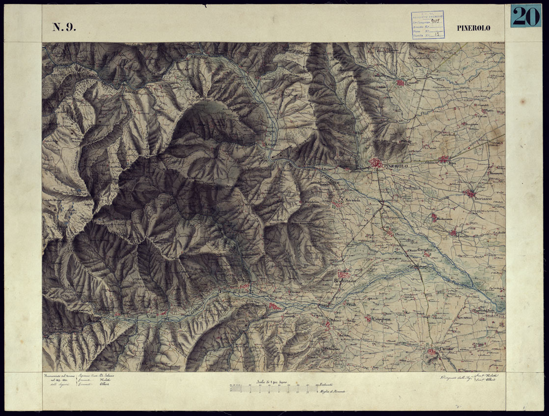 (N:11555) CARTA TOPOGRAFICA DEGLI STATI DI TERRA FERMA DI S.S.R.M. CARLO ALBERTO RE DI SARDEGNA FATTA DAL CORPO DELLO STATO MAGGIORE COMANDATO DAL TEN.TE GEN.LE B.NE DI MONTHOUX ALLA SCALA DI 1 50.000 1831 - FOGLIO N.9 PINEROLO. (CA001075) Carte e stampe antiche: riproduzione a colori su carta (formato A1)