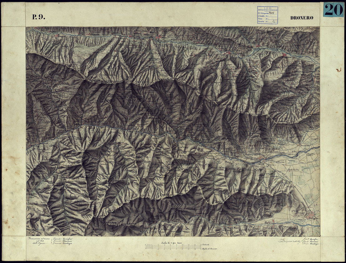 (N:11321) CARTA TOPOGRAFICA DEGLI STATI DI TERRA FERMA DI S.S.R.M. CARLO ALBERTO RE DI SARDEGNA FATTA DAL CORPO DELLO STATO MAGGIORE COMANDATO DAL TEN.TE GEN.LE B.NE DI MONTHOUX ALLA SCALA DI 1 50.000 1831 - FOGLIO P.9 DRONERO.
 (CA001091) Carte e stampe antiche: riproduzione a colori su carta (formato A1)