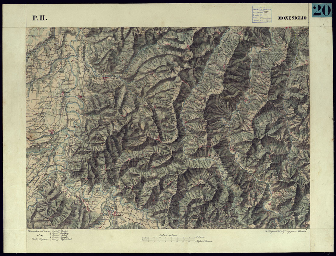 (N:11319) CARTA TOPOGRAFICA DEGLI STATI DI TERRA FERMA DI S.S.R.M. CARLO ALBERTO RE DI SARDEGNA FATTA DAL CORPO DELLO STATO MAGGIORE COMANDATO DAL TEN.TE GEN.LE B.NE DI MONTHOUX ALLA SCALA DI 1 50.000 1831 - FOGLIO P.11 MONESIGLIO. (CA001093) Carte e stampe antiche: riproduzione a colori su carta (formato A1)
