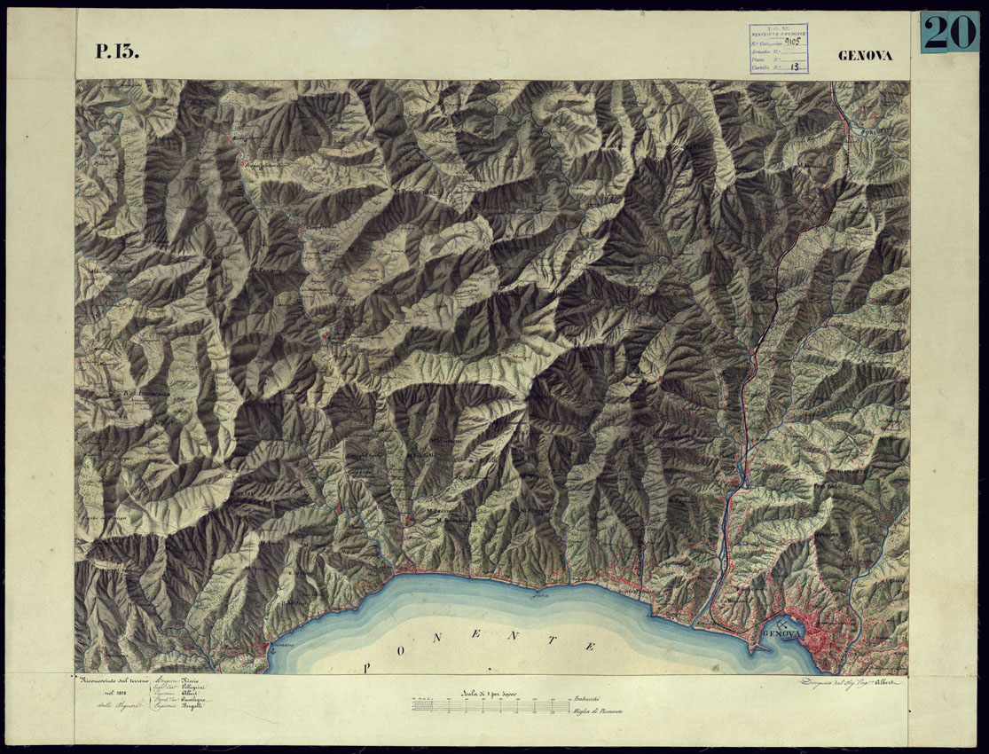 (N:11317) CARTA TOPOGRAFICA DEGLI STATI DI TERRA FERMA DI S.S.R.M. CARLO ALBERTO RE DI SARDEGNA FATTA DAL CORPO DELLO STATO MAGGIORE COMANDATO DAL TEN.TE GEN.LE B.NE DI MONTHOUX ALLA SCALA DI 1 50.000 1831 - FOGLIO P.13 GENOVA.
 (CA001095) Carte e stampe antiche: riproduzione a colori su carta (formato A1)