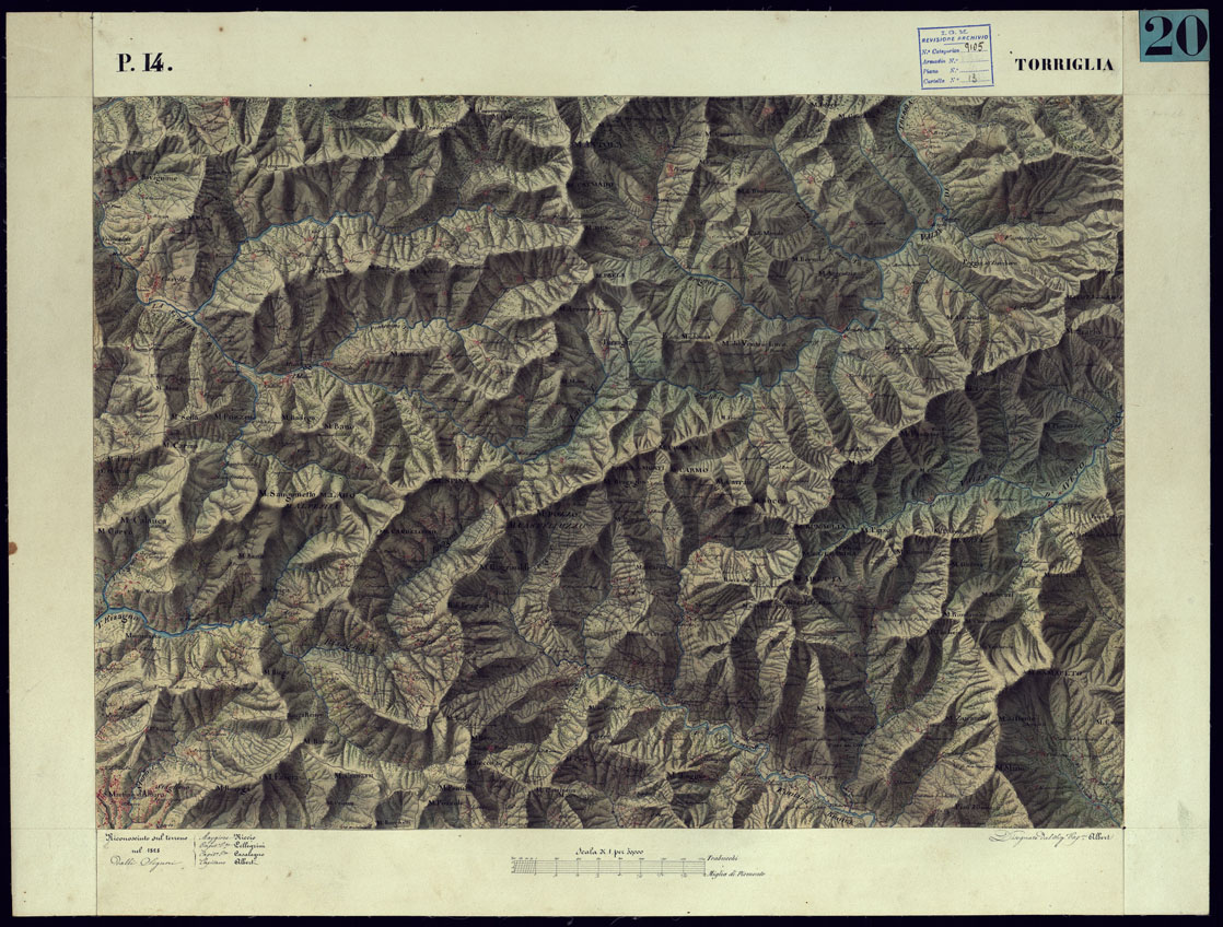 (N:11316) CARTA TOPOGRAFICA DEGLI STATI DI TERRA FERMA DI S.S.R.M. CARLO ALBERTO RE DI SARDEGNA FATTA DAL CORPO DELLO STATO MAGGIORE COMANDATO DAL TEN.TE GEN.LE B.NE DI MONTHOUX ALLA SCALA DI 1 50.000 1831 - FOGLIO P.14 TORRIGLIA. (CA001096) Carte e stampe antiche: riproduzione a colori su carta (formato A1)
