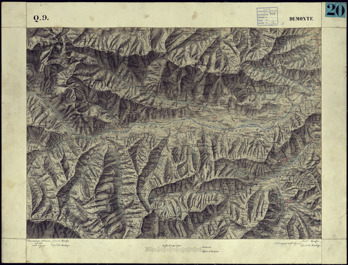 (N:11279) CARTA TOPOGRAFICA DEGLI STATI DI TERRA FERMA DI S.S.R.M. CARLO ALBERTO RE DI SARDEGNA FATTA DAL CORPO DELLO STATO MAGGIORE COMANDATO DAL TEN.TE GEN.LE B.NE DI MONTHOUX ALLA SCALA DI 1 50.000 1831 - FOGLIO Q.9 DEMONTE. (CA001099) Carte e stampe antiche: riproduzione a colori su carta (formato A1)