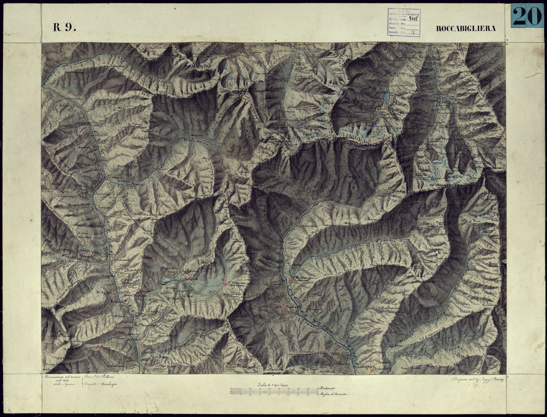(N:11096) CARTA TOPOGRAFICA DEGLI STATI DI TERRA FERMA DI S.S.R.M. CARLO ALBERTO RE DI SARDEGNA FATTA DAL CORPO DELLO STATO MAGGIORE COMANDATO DAL TEN.TE GEN.LE B.NE DI MONTHOUX ALLA SCALA DI 1 50.000 1831 - FOGLIO R.9 ROCCABIGLIERA. (CA001108) Carte e stampe antiche: riproduzione a colori su carta (formato A1)
