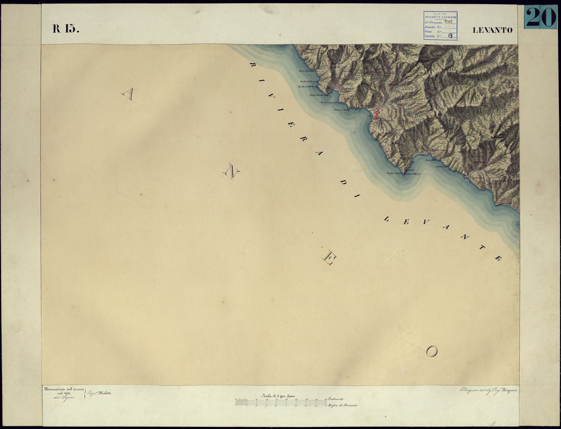 (N:11066) CARTA TOPOGRAFICA DEGLI STATI DI TERRA FERMA DI S.S.R.M. CARLO ALBERTO RE DI SARDEGNA FATTA DAL CORPO DELLO STATO MAGGIORE COMANDATO DAL TEN.TE GEN.LE B.NE DI MONTHOUX ALLA SCALA DI 1 50.000 1831 - FOGLIO R.15 LEVANTO. (CA001112) Carte e stampe antiche: riproduzione a colori su carta (formato A1)