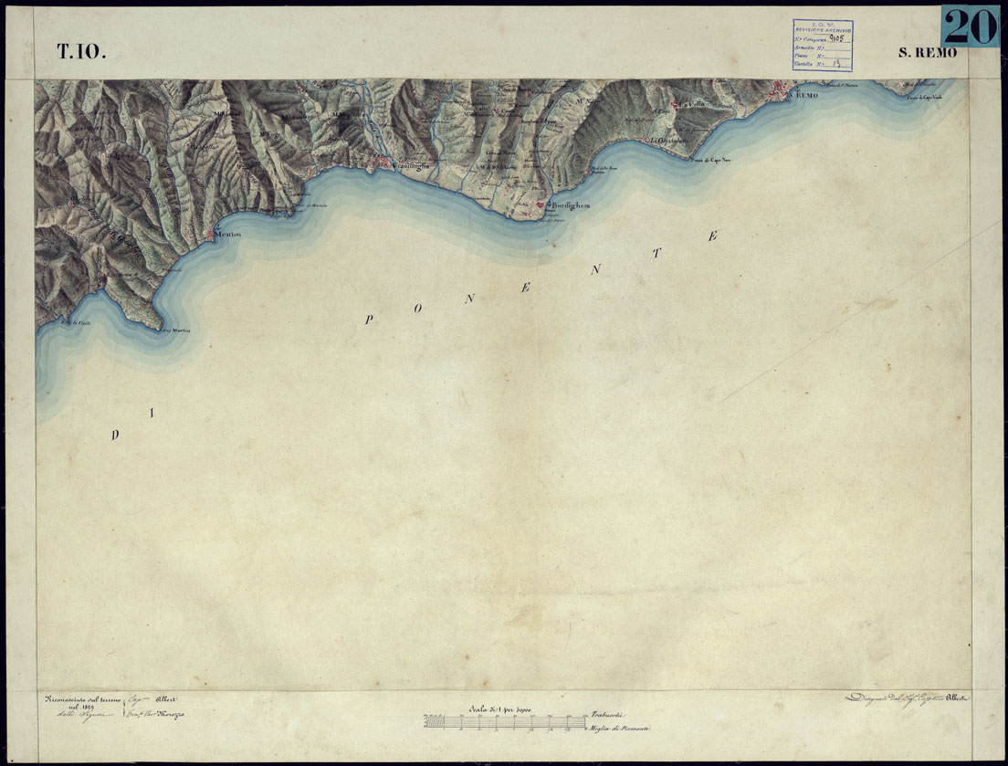 (N:10944) CARTA TOPOGRAFICA DEGLI STATI DI TERRA FERMA DI S.S.R.M. CARLO ALBERTO RE DI SARDEGNA FATTA DAL CORPO DELLO STATO MAGGIORE COMANDATO DAL TEN.TE GEN.LE B.NE DI MONTHOUX ALLA SCALA DI 1 50.000 1831 - FOGLIO T.10 SAN REMO. (CA001119) Carte e stampe antiche: riproduzione a colori su carta (formato A1)