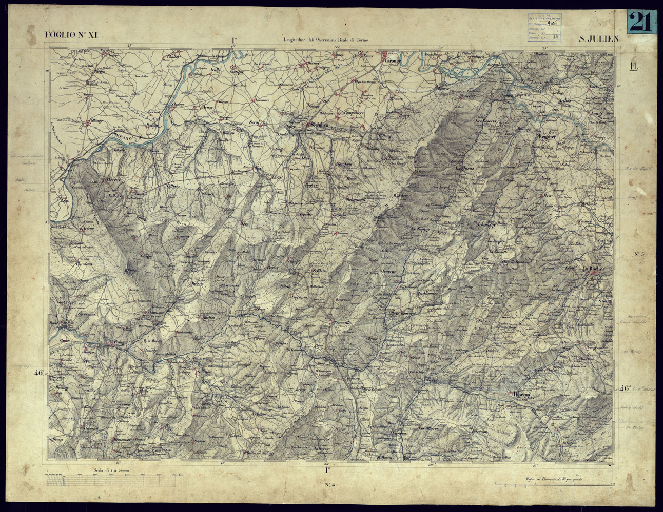 (N:23192) CARTA TOPOGRAFICA DEGLI STATI IN TERRAFERMA DI S.M. IL RE DI SARDEGNA ALLA SCALA DI 1 A 50.000 OPERA DEL CORPO REALE DELLO STATO MAGGIORE - FOGLIO NXI S. JULIEN (CA001135) Carte e stampe antiche: riproduzione a colori su carta (formato A1)