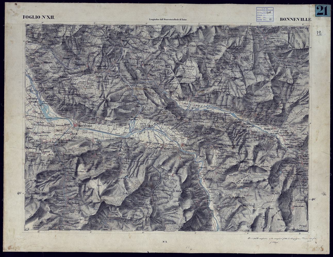 (N:23193) CARTA TOPOGRAFICA DEGLI STATI IN TERRAFERMA DI S.M. IL RE DI SARDEGNA ALLA SCALA DI 1 A 50.000 OPERA DEL CORPO REALE DELLO STATO MAGGIORE - FOGLIO NXII  BONNEVILLE (CA001136) Carte e stampe antiche: riproduzione a colori su carta (formato A1)