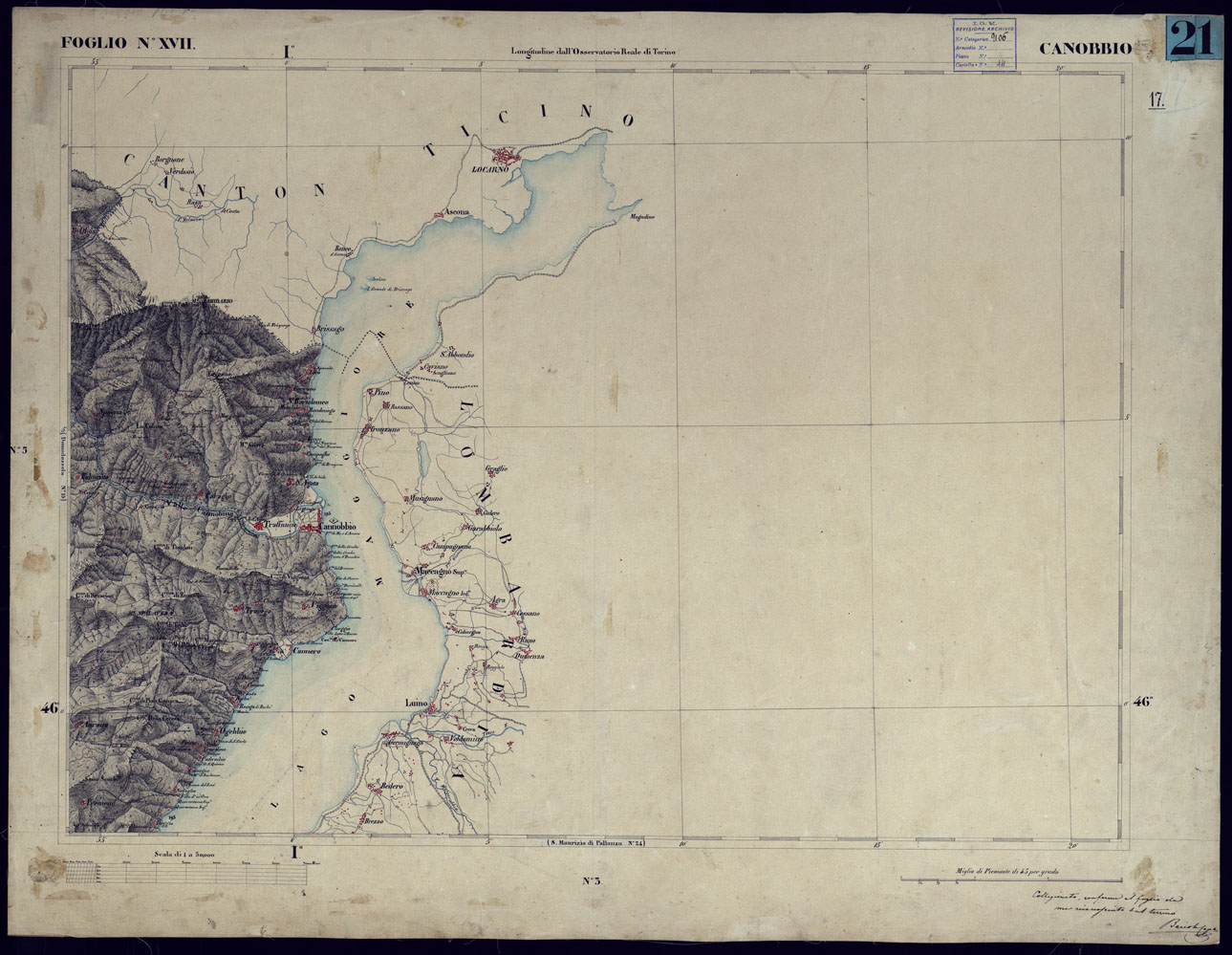 (N:23198) CARTA TOPOGRAFICA DEGLI STATI IN TERRAFERMA DI S.M. IL RE DI SARDEGNA ALLA SCALA DI 1 A 50.000 OPERA DEL CORPO REALE DELLO STATO MAGGIORE - FOGLIO NXVII CANOBBIO (CA001141) Carte e stampe antiche: riproduzione a colori su carta (formato A1)