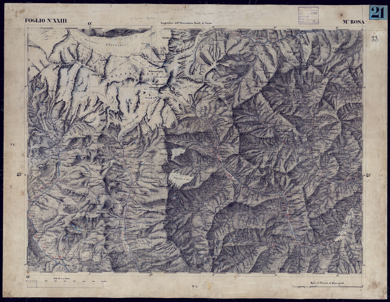 (N:23205) CARTA TOPOGRAFICA DEGLI STATI IN TERRAFERMA DI S.M. IL RE DI SARDEGNA ALLA SCALA DI 1 A 50.000 OPERA DEL CORPO REALE DELLO STATO MAGGIORE - FOGLIO N XXIII  M. ROSA (CA001148) Carte e stampe antiche: riproduzione a colori su carta (formato A1)