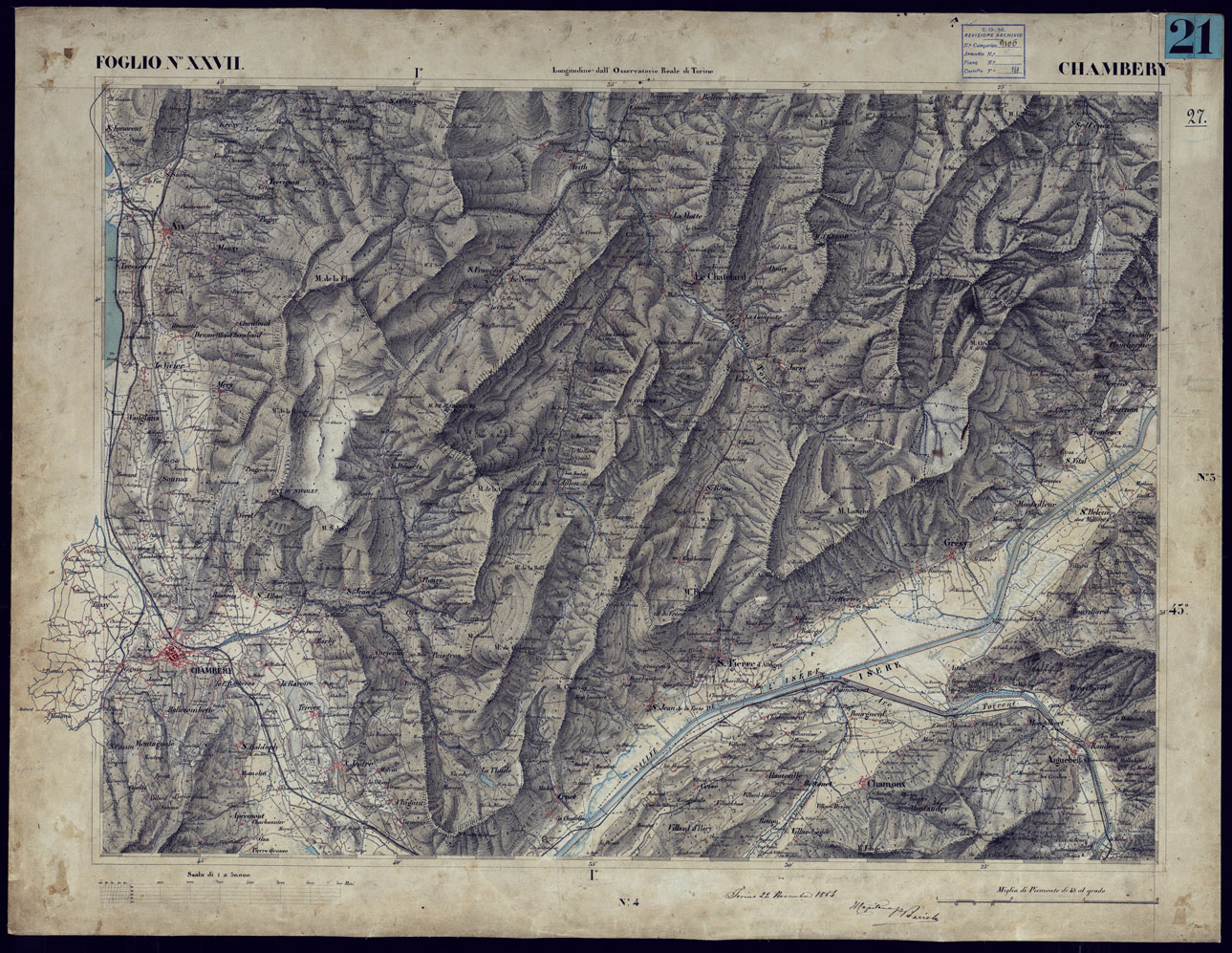 (N:23209) CARTA TOPOGRAFICA DEGLI STATI IN TERRAFERMA DI S.M. IL RE DI SARDEGNA ALLA SCALA DI 1 A 50.000 OPERA DEL CORPO REALE DELLO STATO MAGGIORE - FOGLIO NXXVII CHAMBERY (CA001152) Carte e stampe antiche: riproduzione a colori su carta (formato A1)