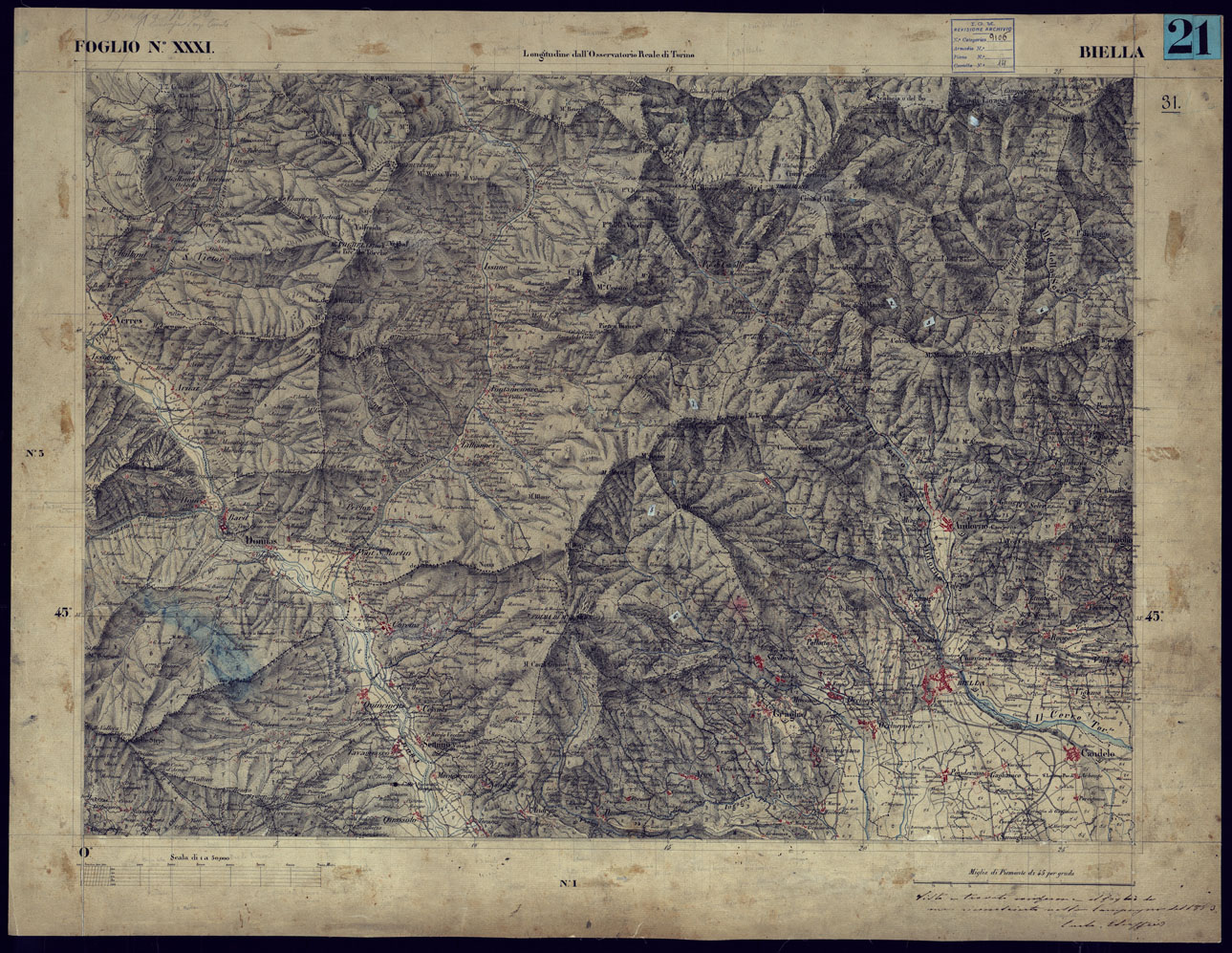 (N:23213) CARTA TOPOGRAFICA DEGLI STATI IN TERRAFERMA DI S.M. IL RE DI SARDEGNA ALLA SCALA DI 1 A 50.000 OPERA DEL CORPO REALE DELLO STATO MAGGIORE - FOGLIO NXXXI BIELLA (CA001156) Carte e stampe antiche: riproduzione a colori su carta (formato A1)
