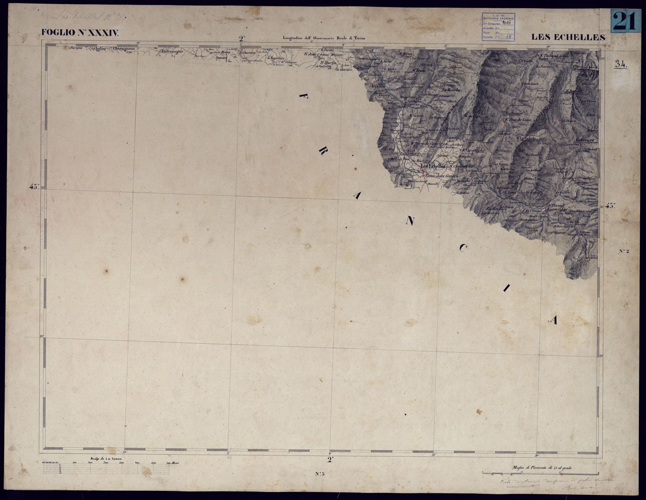 (N:23216) CARTA TOPOGRAFICA DEGLI STATI IN TERRAFERMA DI S.M. IL RE DI SARDEGNA ALLA SCALA DI 1 A 50.000 OPERA DEL CORPO REALE DELLO STATO MAGGIORE - FOGLIO NXXXIV LES ECHELLES (CA001159) Carte e stampe antiche: riproduzione a colori su carta (formato A1)