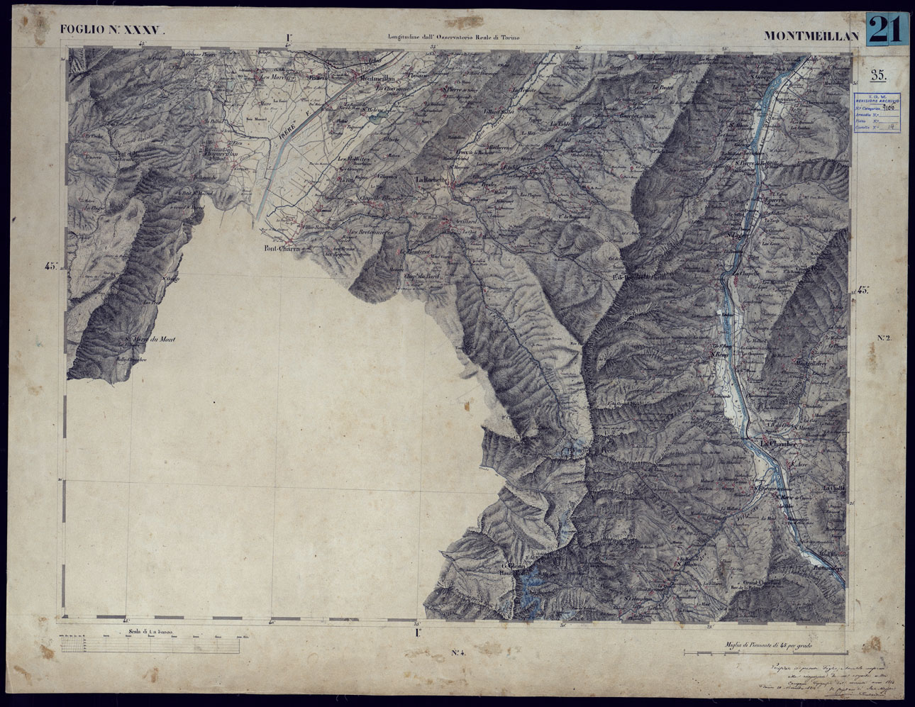 (N:23217) CARTA TOPOGRAFICA DEGLI STATI IN TERRAFERMA DI S.M. IL RE DI SARDEGNA ALLA SCALA DI 1 A 50.000 OPERA DEL CORPO REALE DELLO STATO MAGGIORE - FOGLIO NXXXV MONTMEILLAN (CA001160) Carte e stampe antiche: riproduzione a colori su carta (formato A1)