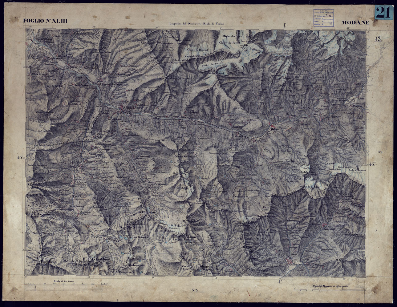 (N:23235) CARTA TOPOGRAFICA DEGLI STATI IN TERRAFERMA DI S.M. IL RE DI SARDEGNA ALLA SCALA DI 1 A 50.000 OPERA DEL CORPO REALE DELLO STATO MAGGIORE - FOGLIO NXLIII MODANE (CA001168) Carte e stampe antiche: riproduzione a colori su carta (formato A1)