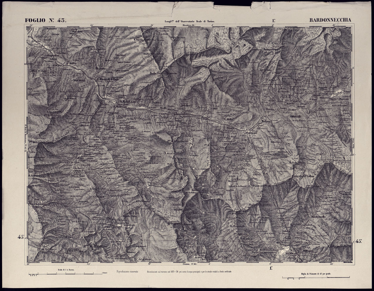 (N:23236) CARTA TOPOGRAFICA DEGLI STATI IN TERRAFERMA DI S.M. IL RE DI SARDEGNA ALLA SCALA DI 1 A 50.000 OPERA DEL CORPO REALE DELLO STATO MAGGIORE - FOGLIO N43 - BARDONECCHIA RISTAMPA (CA001169) Carte e stampe antiche: riproduzione a colori su carta (formato A1)