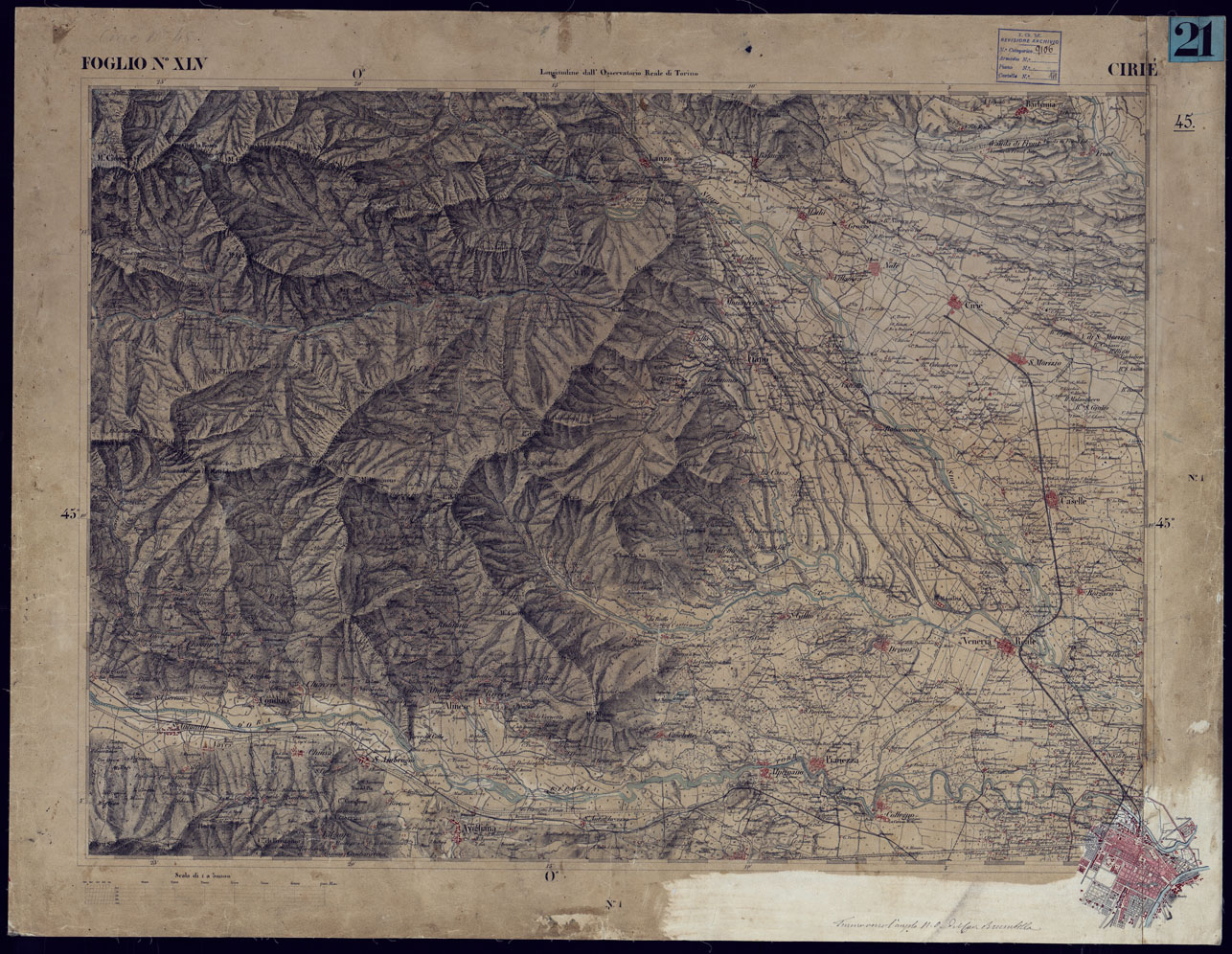 (N:23238) CARTA TOPOGRAFICA DEGLI STATI IN TERRAFERMA DI S.M. IL RE DI SARDEGNA ALLA SCALA DI 1 A 50.000 OPERA DEL CORPO REALE DELLO STATO MAGGIORE - FOGLIO NXLV CIRIE' (CA001171) Carte e stampe antiche: riproduzione a colori su carta (formato A1)