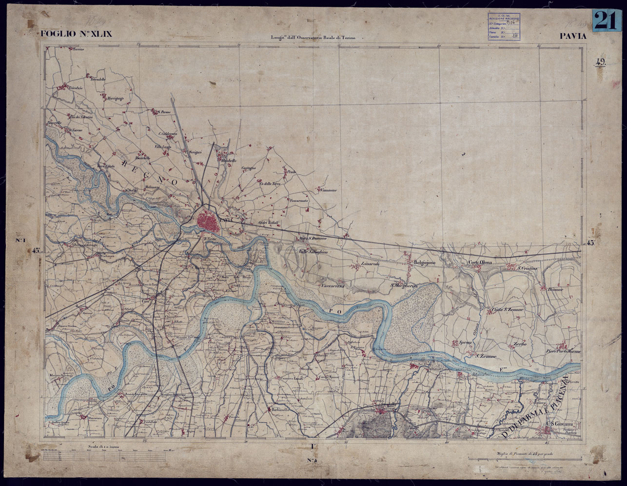 (N:23242) CARTA TOPOGRAFICA DEGLI STATI IN TERRAFERMA DI S.M. IL RE DI SARDEGNA ALLA SCALA DI 1 A 50.000 OPERA DEL CORPO REALE DELLO STATO MAGGIORE - FOGLIO NXLIX PAVIA (CA001175) Carte e stampe antiche: riproduzione a colori su carta (formato A1)