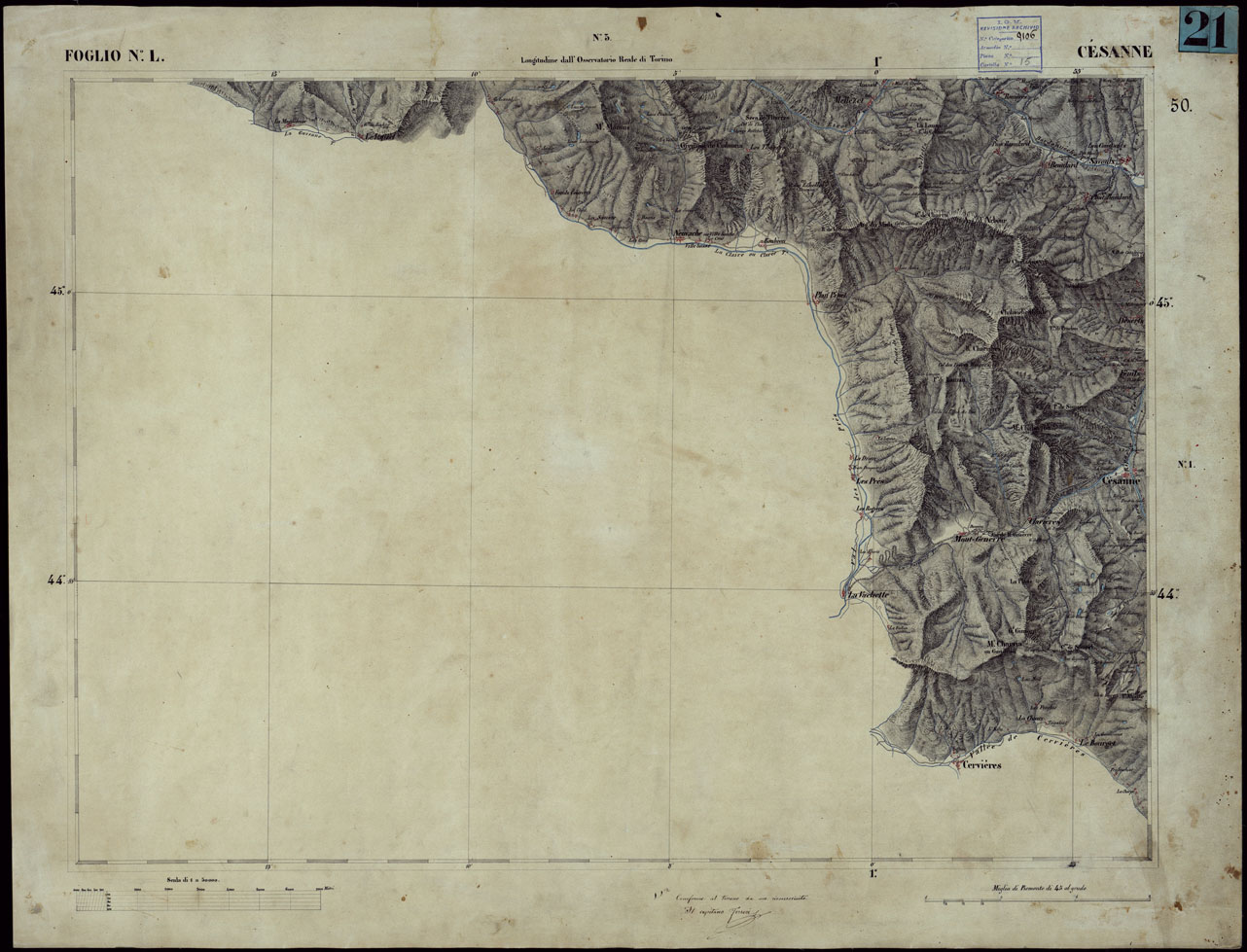 (N:17965) CARTA TOPOGRAFICA DEGLI STATI IN TERRAFERMA DI S.M. IL RE DI SARDEGNA ALLA SCALA DI 1 A 50.000 OPERA DEL CORPO REALE DELLO STATO MAGGIORE - FOGLIO N L - CESANNE
 (CA001176) Carte e stampe antiche: riproduzione a colori su carta (formato A1)