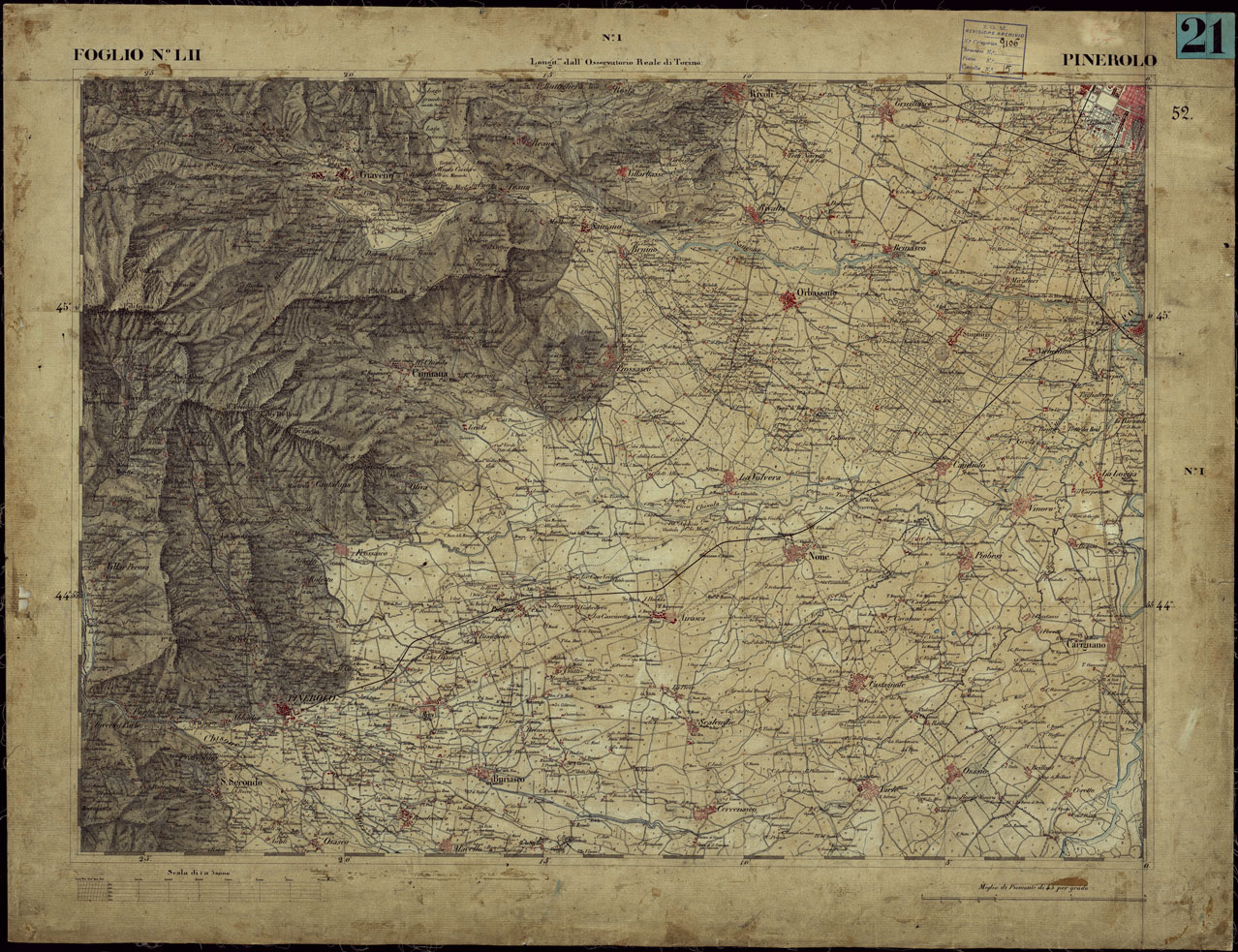 (N:23245) CARTA TOPOGRAFICA DEGLI STATI IN TERRAFERMA DI S.M. IL RE DI SARDEGNA ALLA SCALA DI 1 A 50.000 OPERA DEL CORPO REALE DELLO STATO MAGGIORE - FOGLIO NLII PINEROLO (CA001178) Carte e stampe antiche: riproduzione a colori su carta (formato A1)