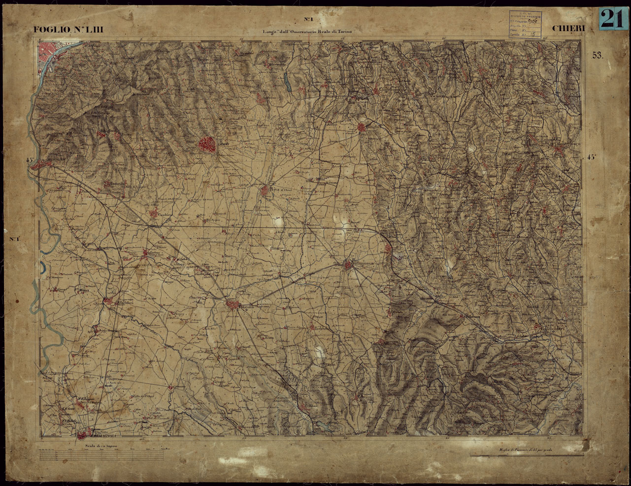 (N:23246) CARTA TOPOGRAFICA DEGLI STATI IN TERRAFERMA DI S.M. IL RE DI SARDEGNA ALLA SCALA DI 1 A 50.000 OPERA DEL CORPO REALE DELLO STATO MAGGIORE - FOGLIO NLIII CHIERI (CA001179) Carte e stampe antiche: riproduzione a colori su carta (formato A1)