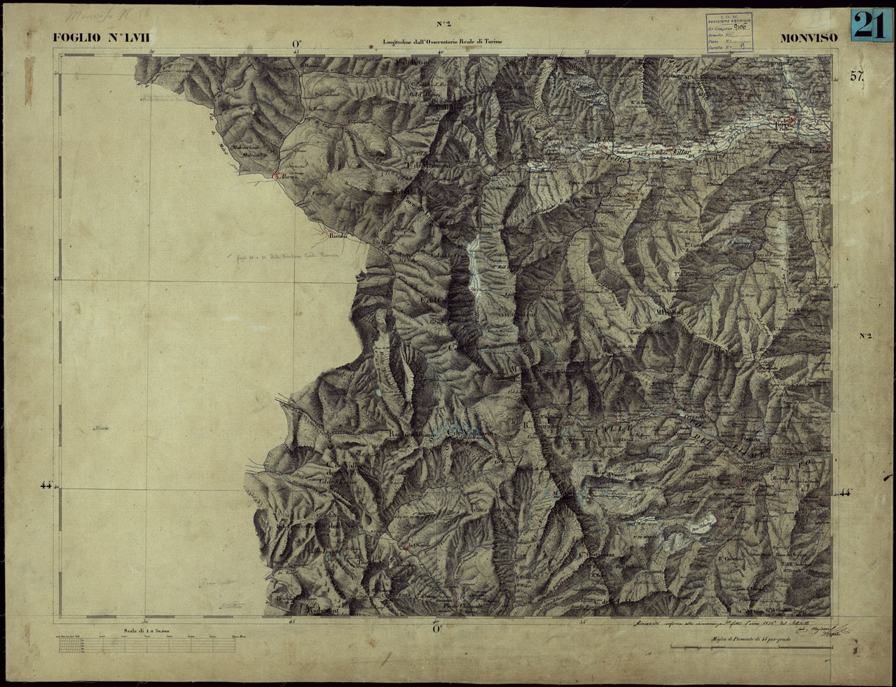 (N:23250) CARTA TOPOGRAFICA DEGLI STATI IN TERRAFERMA DI S.M. IL RE DI SARDEGNA ALLA SCALA DI 1 A 50.000 OPERA DEL CORPO REALE DELLO STATO MAGGIORE - FOGLIO NLVII MONVISO (CA001183) Carte e stampe antiche: riproduzione a colori su carta (formato A1)