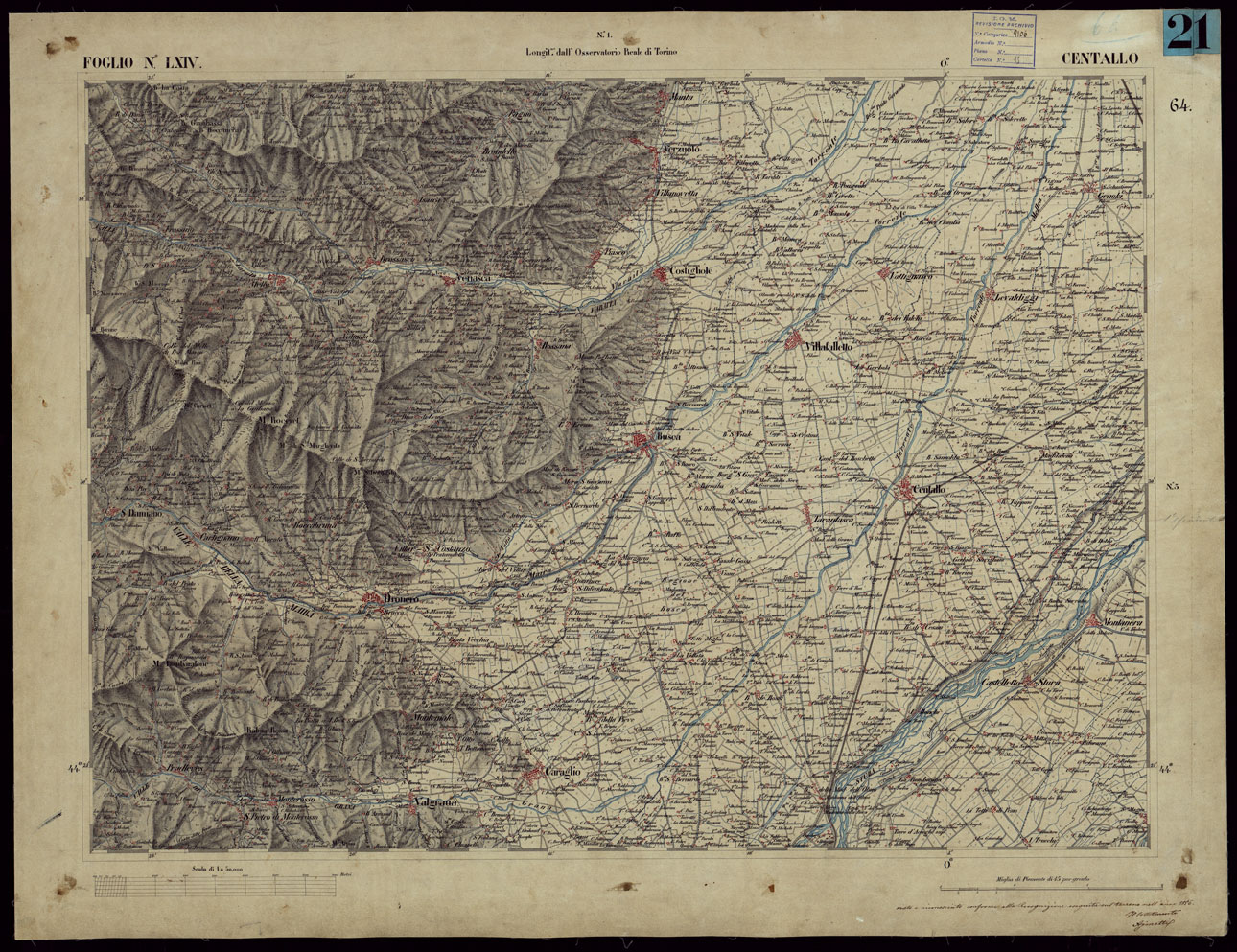 (N:23257) CARTA TOPOGRAFICA DEGLI STATI IN TERRAFERMA DI S.M. IL RE DI SARDEGNA ALLA SCALA DI 1 A 50.000 OPERA DEL CORPO REALE DELLO STATO MAGGIORE - FOGLIO NLXIV  CENTALLO (CA001190) Carte e stampe antiche: riproduzione a colori su carta (formato A1)