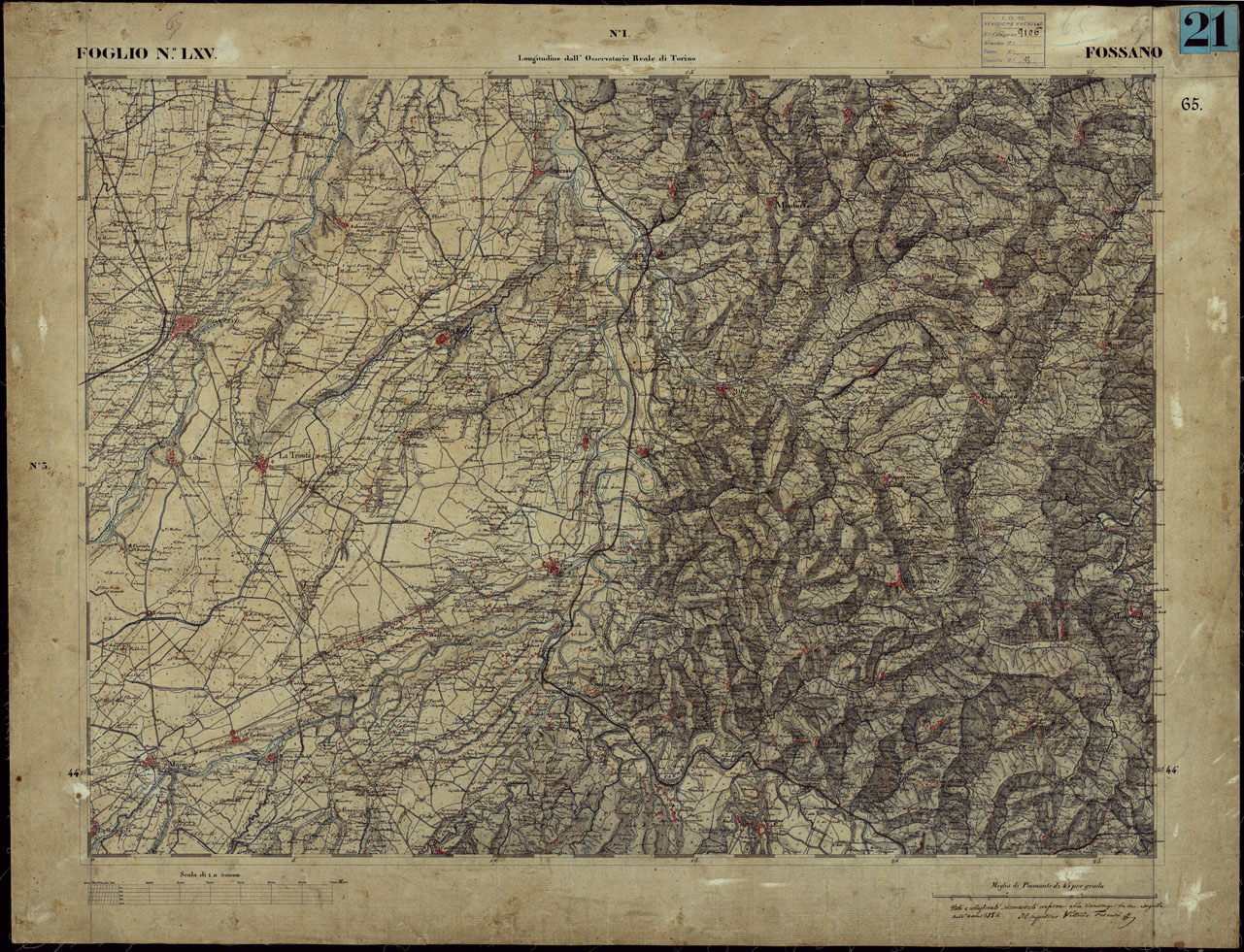 (N:23258) CARTA TOPOGRAFICA DEGLI STATI IN TERRAFERMA DI S.M. IL RE DI SARDEGNA ALLA SCALA DI 1 A 50.000 OPERA DEL CORPO REALE DELLO STATO MAGGIORE - FOGLIO NLXV FOSSANO (CA001191) Carte e stampe antiche: riproduzione a colori su carta (formato A1)